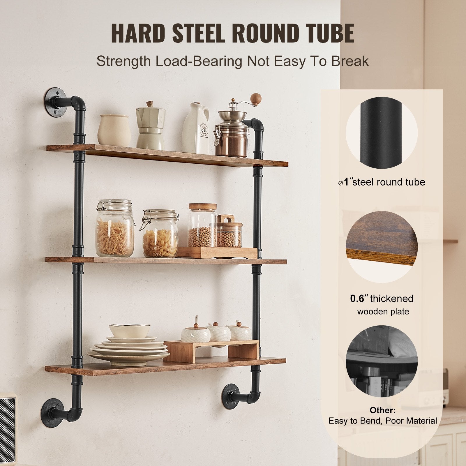 Industrial 3-Tier Pipe Shelf - Rustic Wall-Mount Floating Wood Shelves, Multi-Functional Storage Rack for Kitchen, Bedroom, Bathroom, Living Room, Black