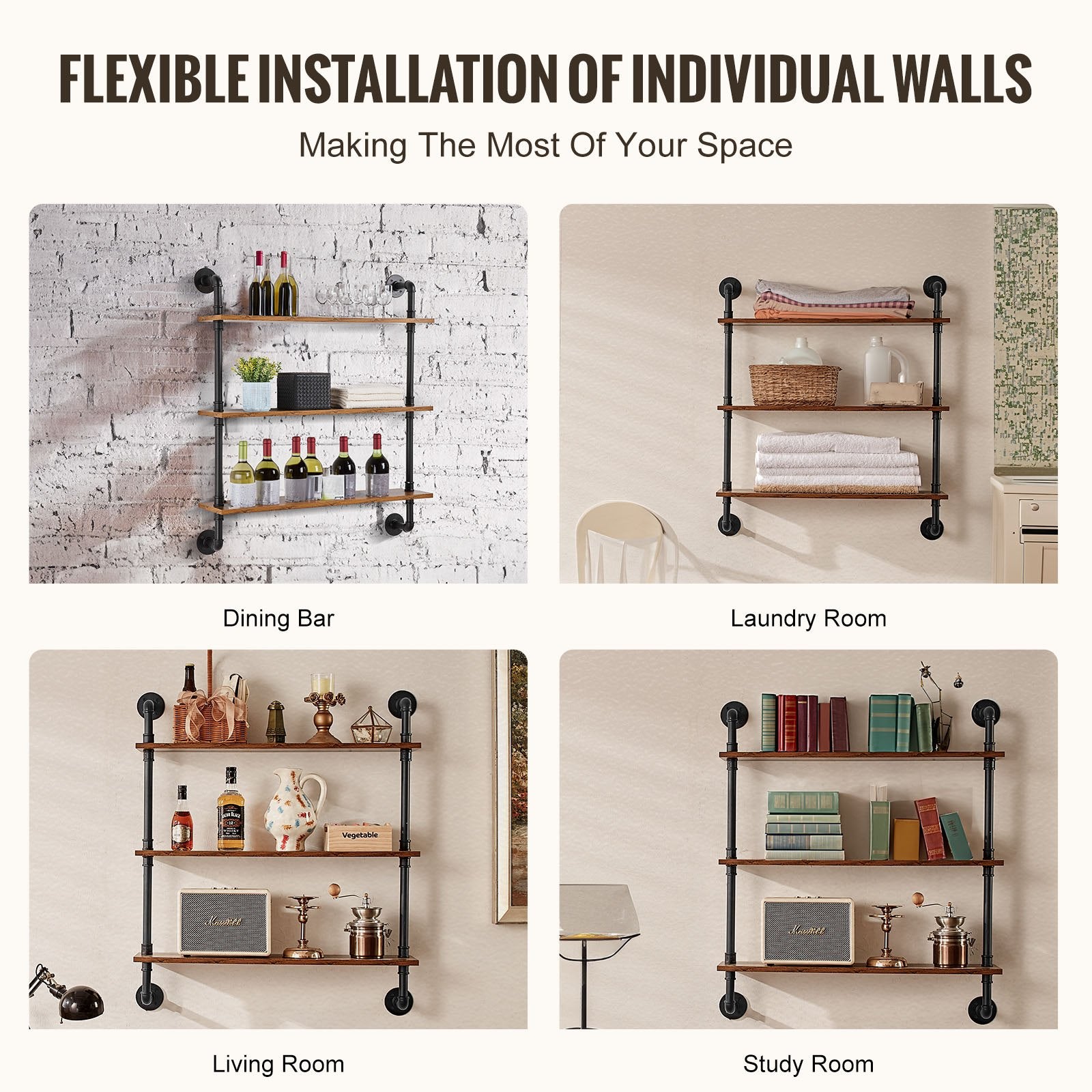Industrial 3-Tier Pipe Shelf - Rustic Wall-Mount Floating Wood Shelves, Multi-Functional Storage Rack for Kitchen, Bedroom, Bathroom, Living Room, Black