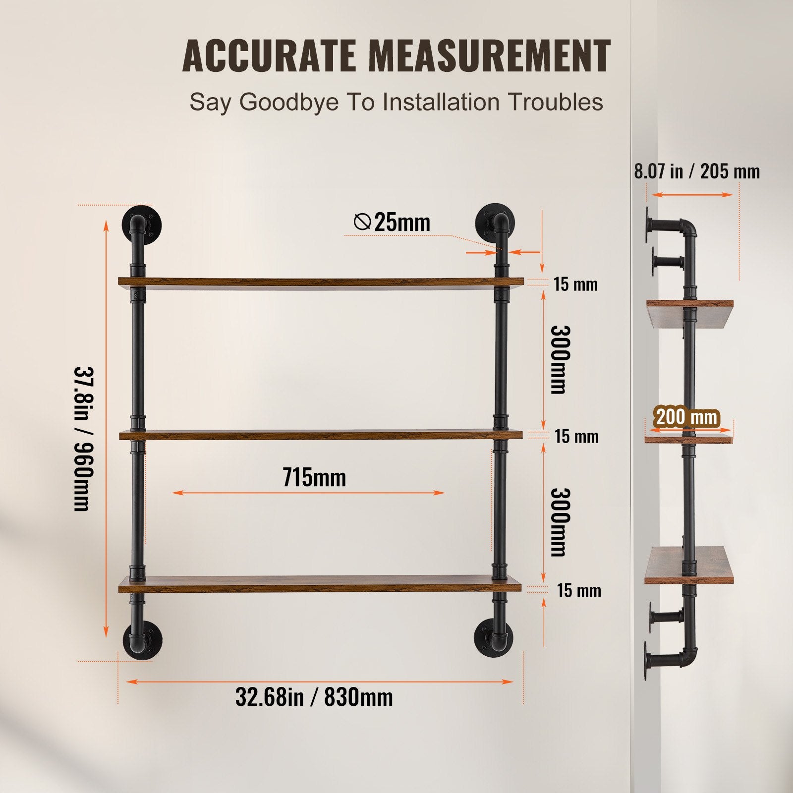 Industrial 3-Tier Pipe Shelf - Rustic Wall-Mount Floating Wood Shelves, Multi-Functional Storage Rack for Kitchen, Bedroom, Bathroom, Living Room, Black
