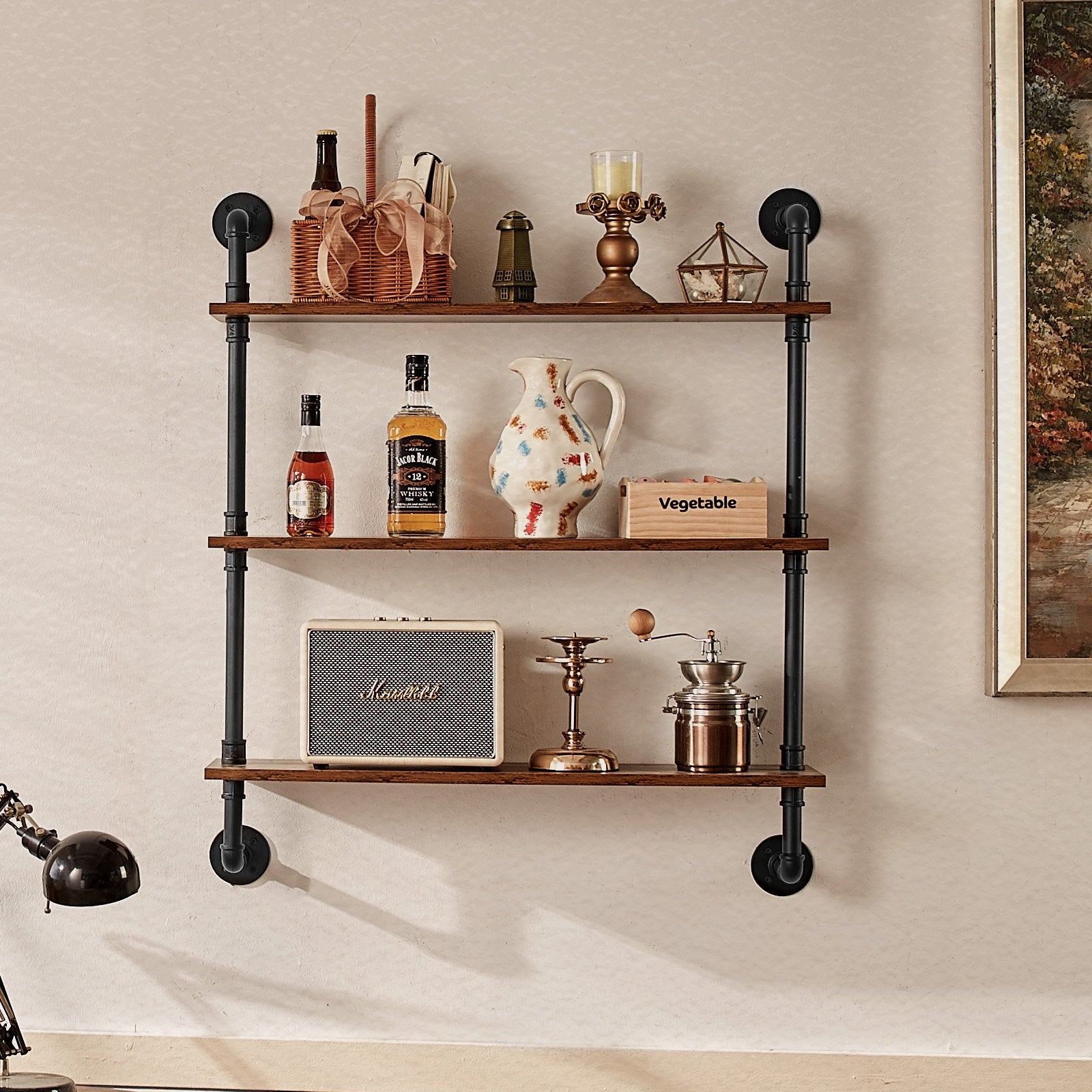 Industrial 3-Tier Pipe Shelf - Rustic Wall-Mount Floating Wood Shelves, Multi-Functional Storage Rack for Kitchen, Bedroom, Bathroom, Living Room, Black