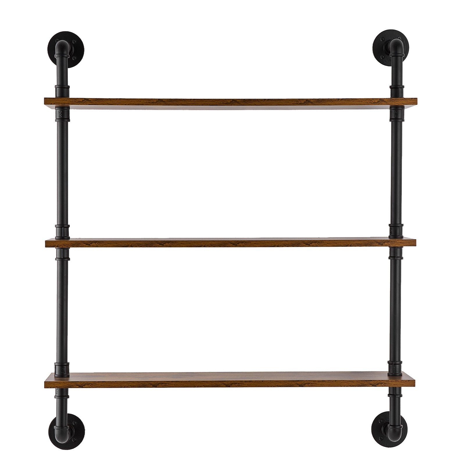 Industrial 3-Tier Pipe Shelf - Rustic Wall-Mount Floating Wood Shelves, Multi-Functional Storage Rack for Kitchen, Bedroom, Bathroom, Living Room, Black