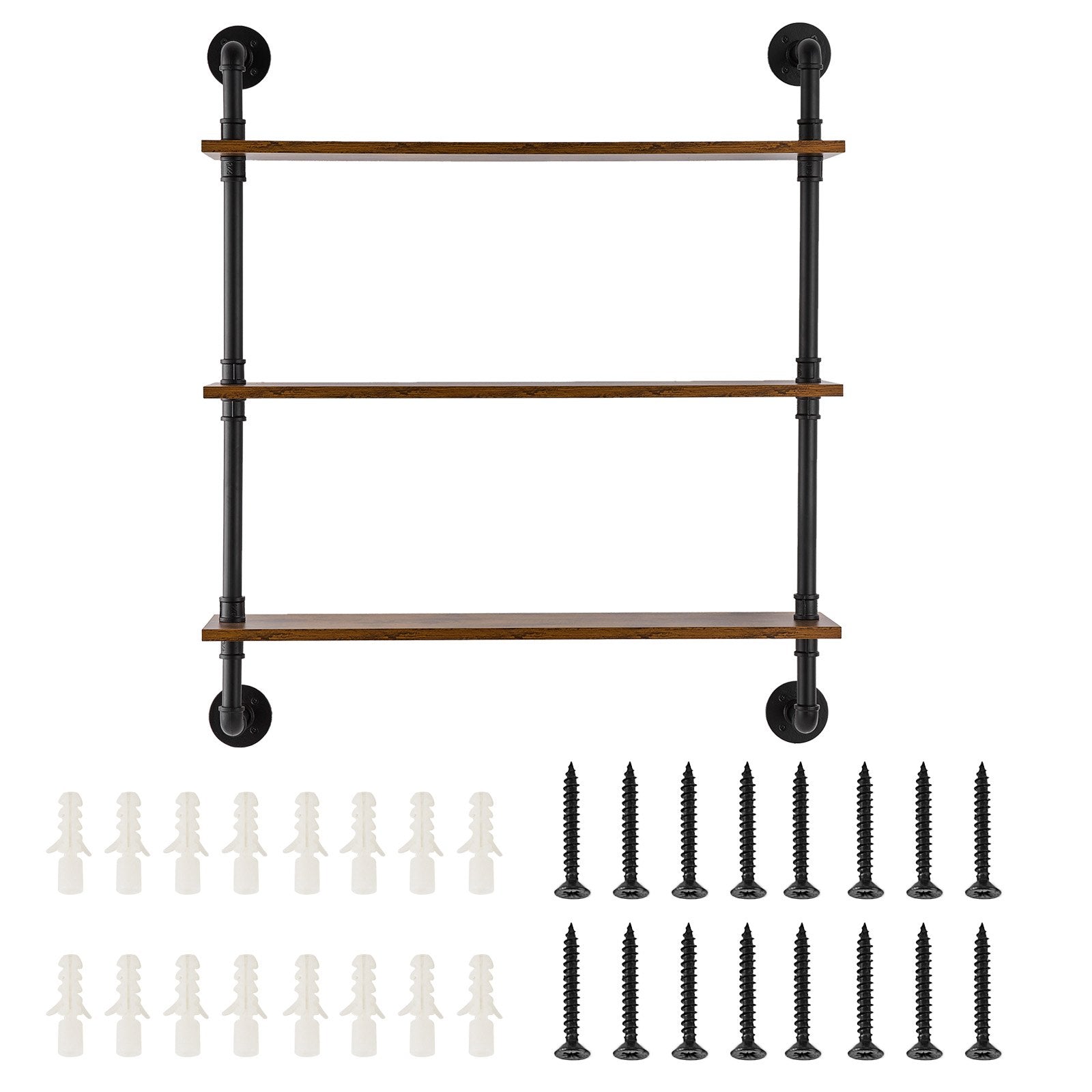 Industrial 3-Tier Pipe Shelf - Rustic Wall-Mount Floating Wood Shelves, Multi-Functional Storage Rack for Kitchen, Bedroom, Bathroom, Living Room, Black