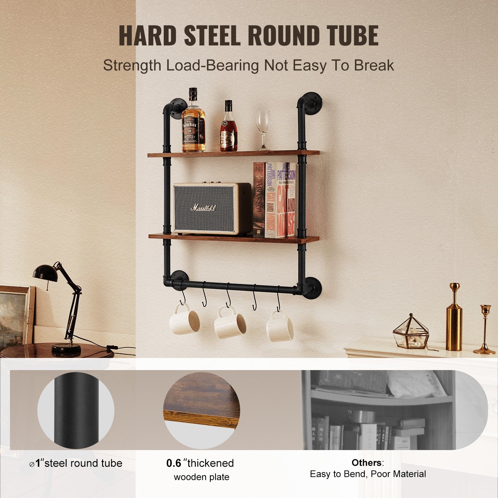 Industrial Pipe Wall-Mount Shelf, 2-Tier Rustic Floating Wood Storage Rack for Kitchen, Bedroom, Bathroom, Living Room, 24x7.87in, Black Finish