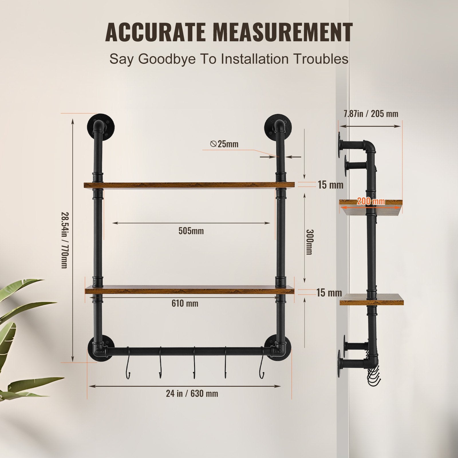 Industrial Pipe Wall-Mount Shelf, 2-Tier Rustic Floating Wood Storage Rack for Kitchen, Bedroom, Bathroom, Living Room, 24x7.87in, Black Finish
