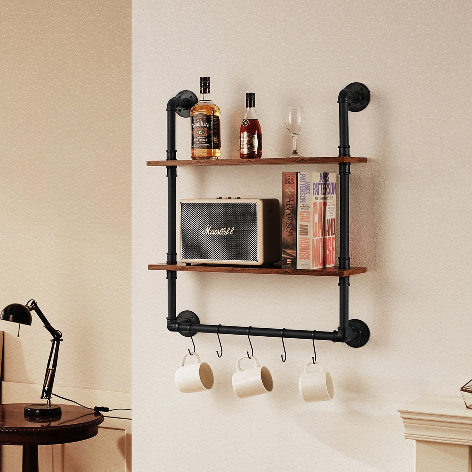 Industrial Pipe Wall-Mount Shelf, 2-Tier Rustic Floating Wood Storage Rack for Kitchen, Bedroom, Bathroom, Living Room, 24x7.87in, Black Finish