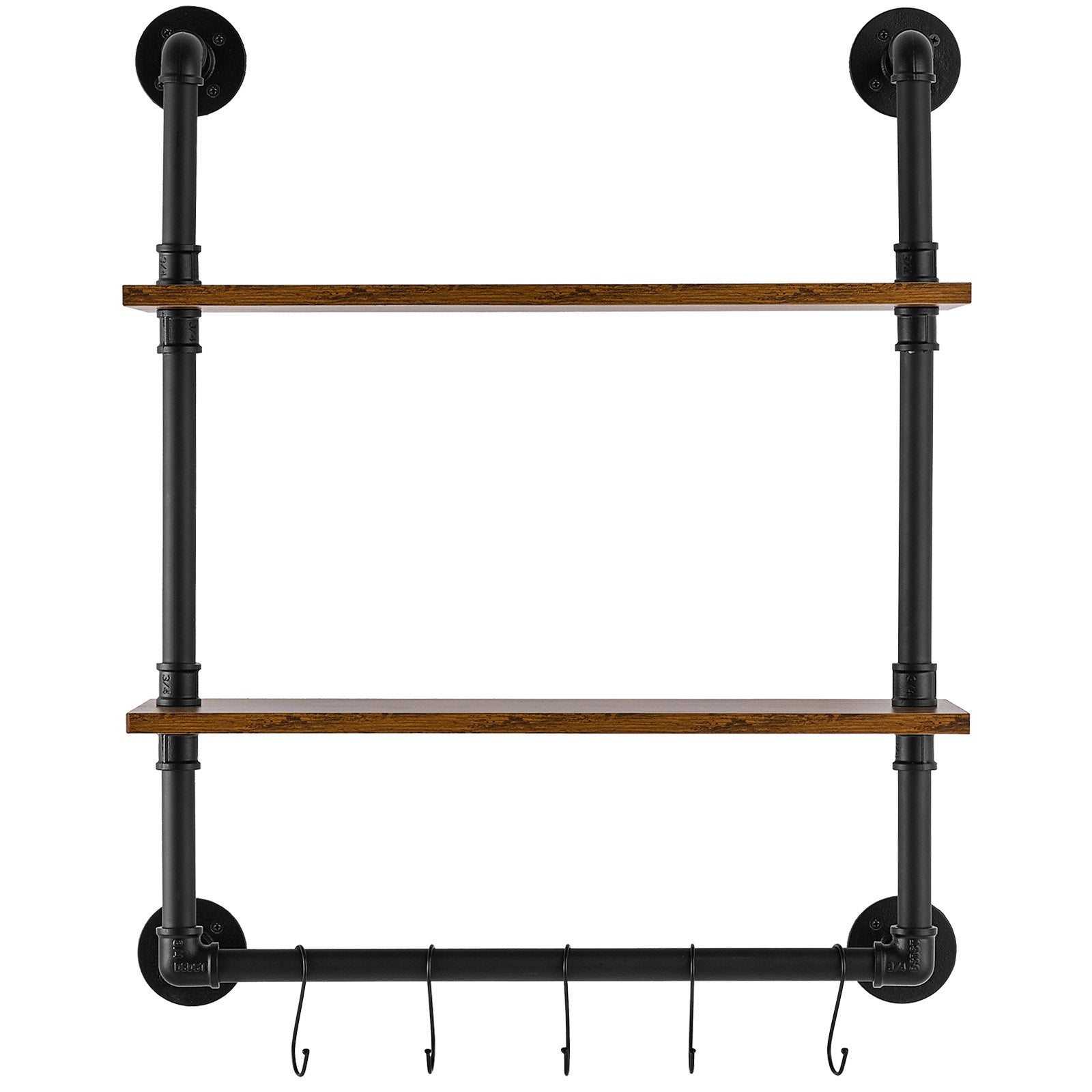 Industrial Pipe Wall-Mount Shelf, 2-Tier Rustic Floating Wood Storage Rack for Kitchen, Bedroom, Bathroom, Living Room, 24x7.87in, Black Finish