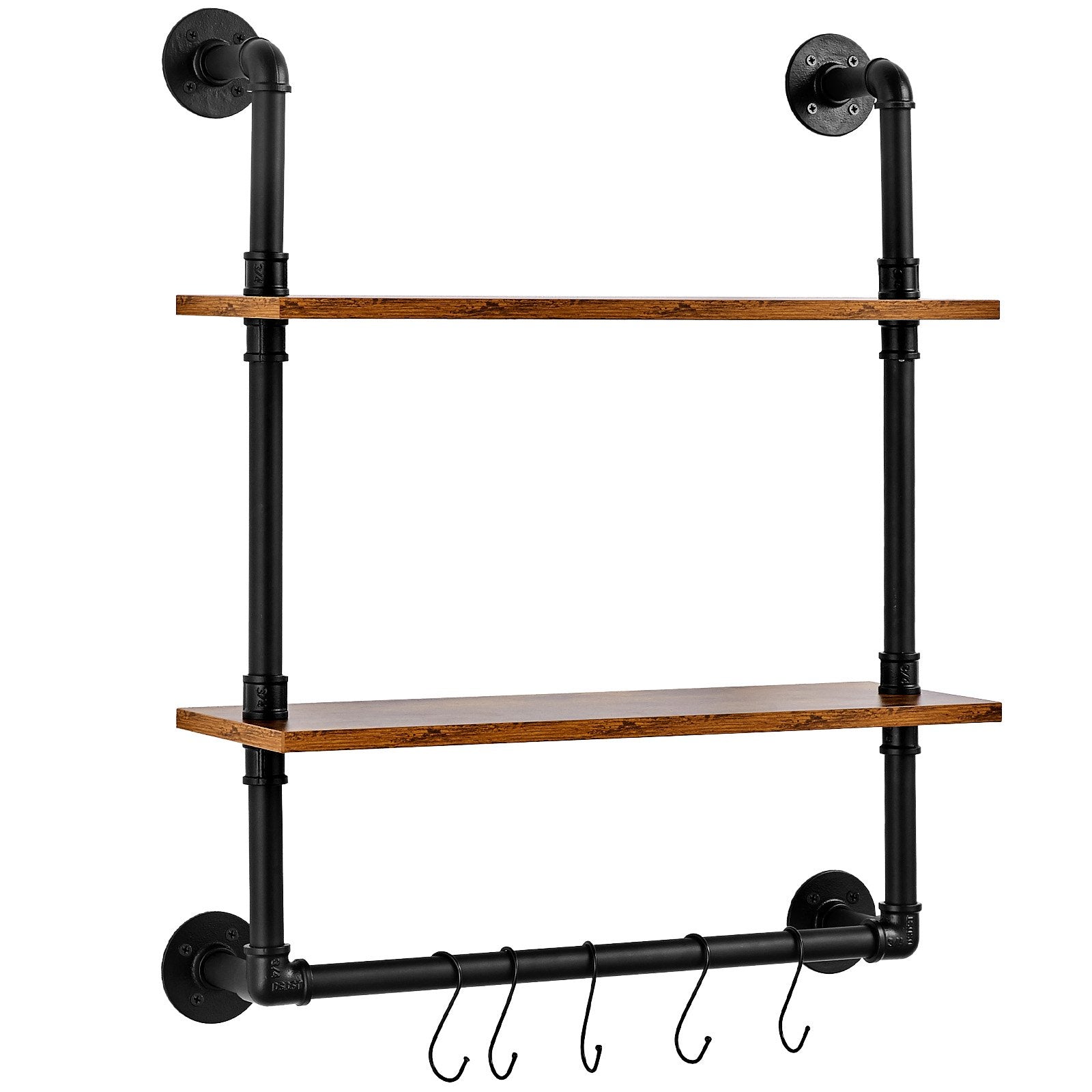 Industrial Pipe Wall-Mount Shelf, 2-Tier Rustic Floating Wood Storage Rack for Kitchen, Bedroom, Bathroom, Living Room, 24x7.87in, Black Finish