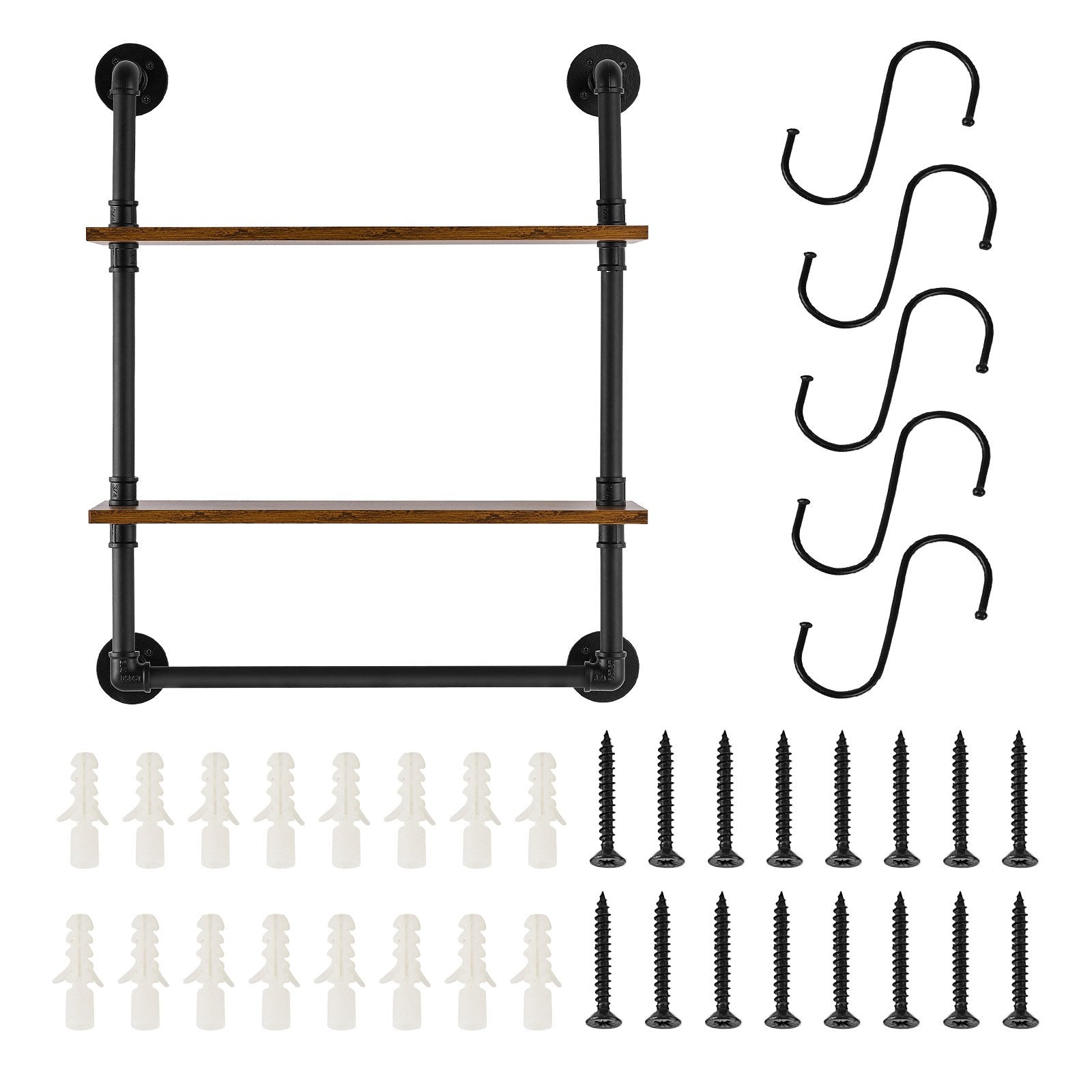 Industrial Pipe Wall-Mount Shelf, 2-Tier Rustic Floating Wood Storage Rack for Kitchen, Bedroom, Bathroom, Living Room, 24x7.87in, Black Finish