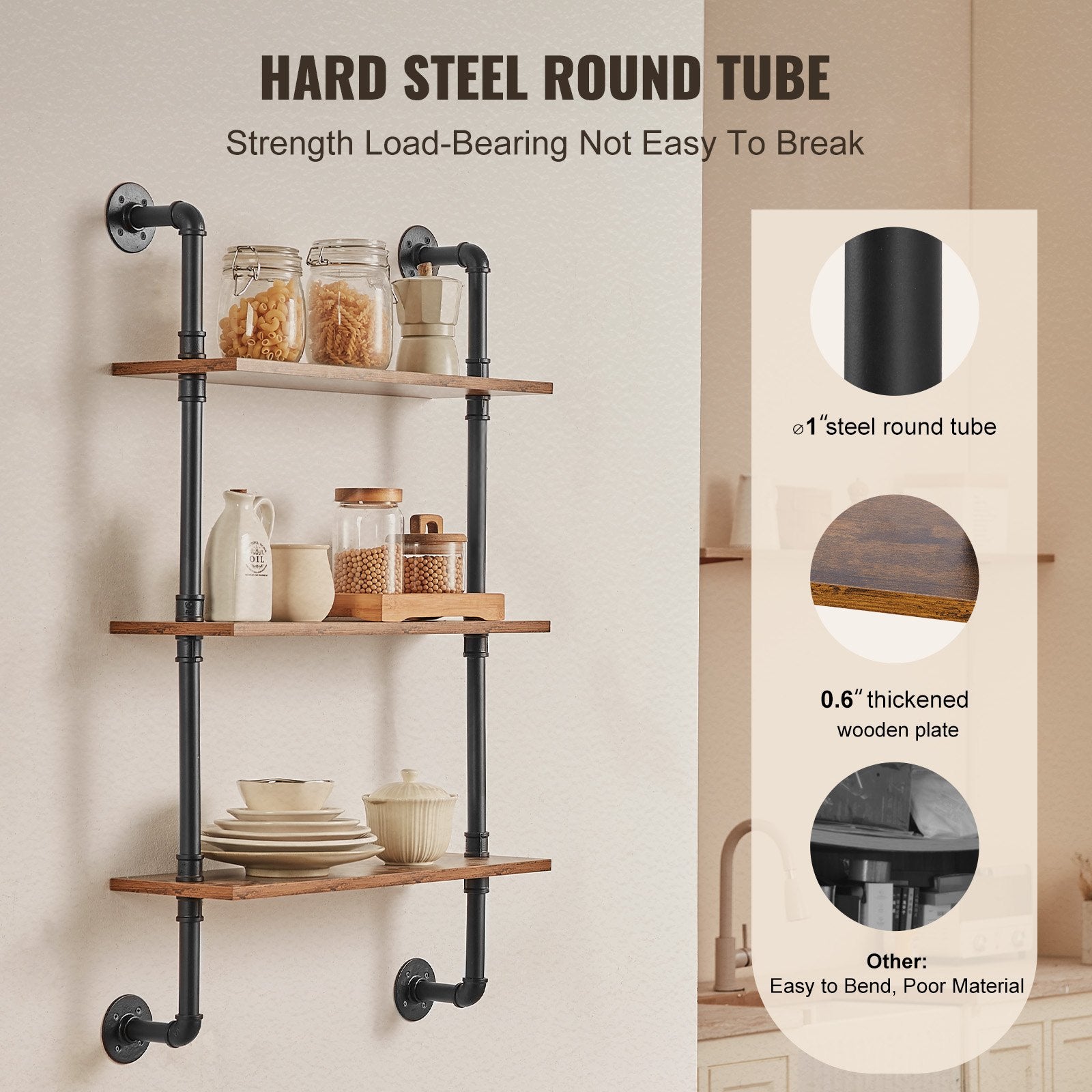 3-Tier Industrial Pipe Wall Shelf, 24x7.87in Rustic Wood Floating Shelves for Kitchen, Bedroom, Bathroom, Living Room Display & Storage