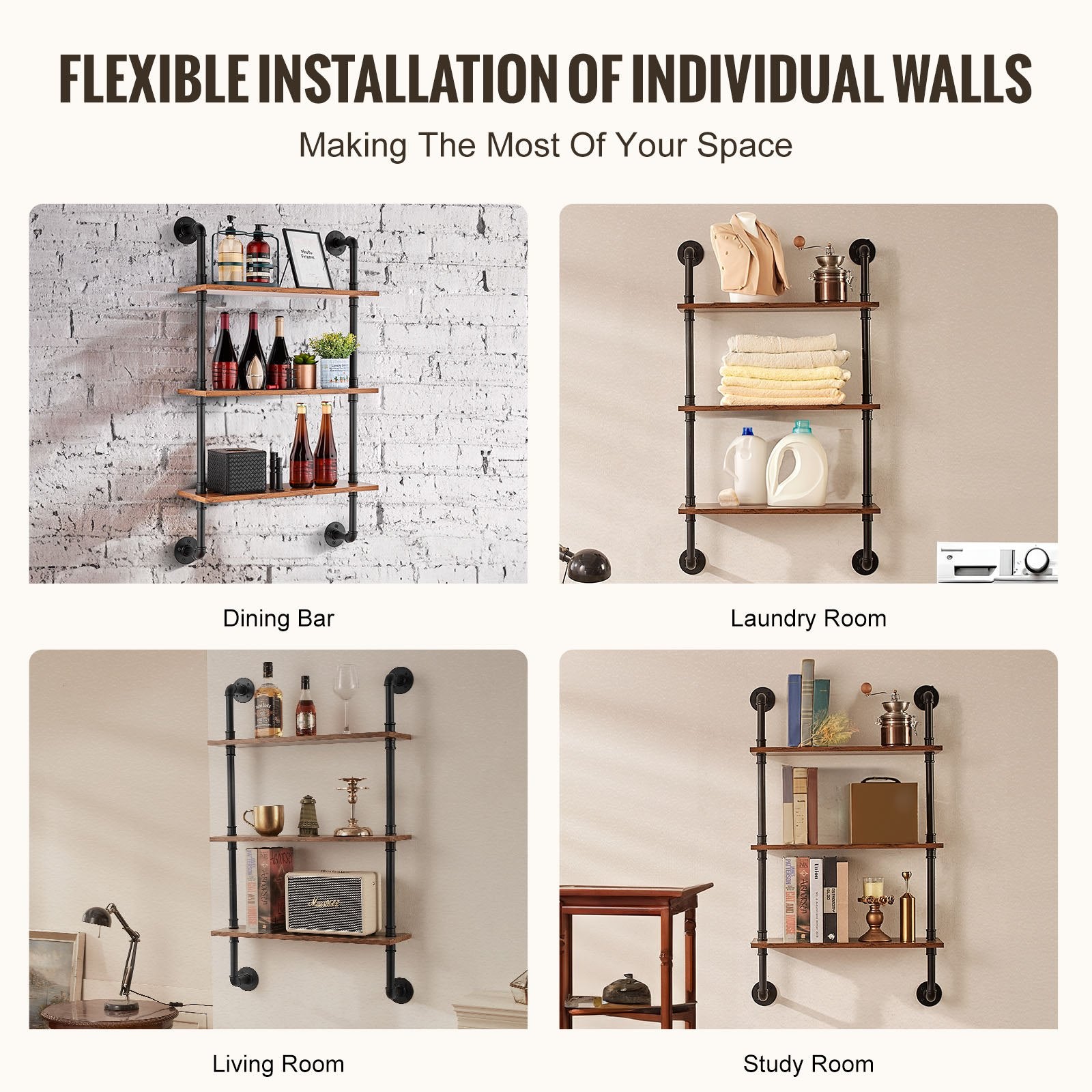 3-Tier Industrial Pipe Wall Shelf, 24x7.87in Rustic Wood Floating Shelves for Kitchen, Bedroom, Bathroom, Living Room Display & Storage