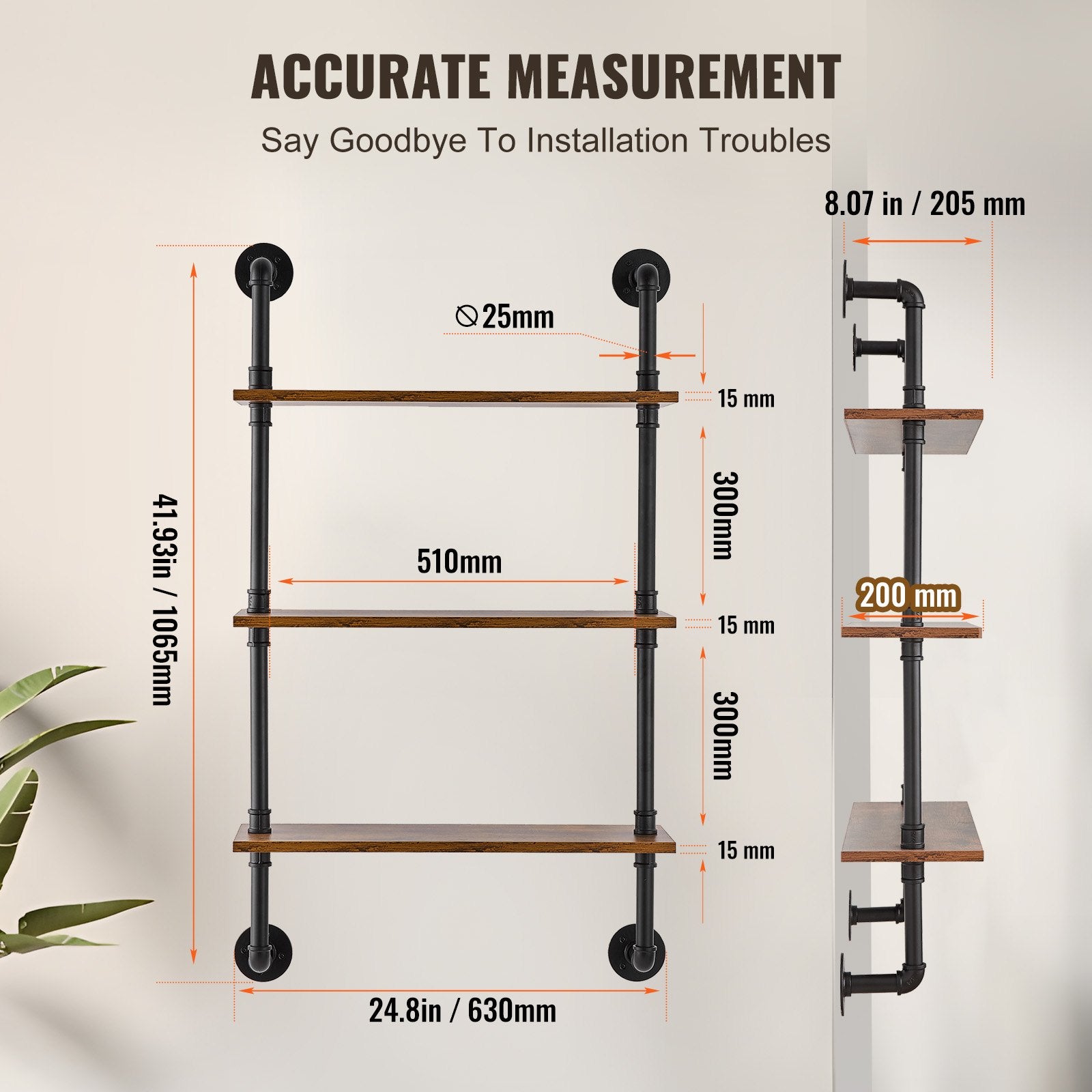 3-Tier Industrial Pipe Wall Shelf, 24x7.87in Rustic Wood Floating Shelves for Kitchen, Bedroom, Bathroom, Living Room Display & Storage