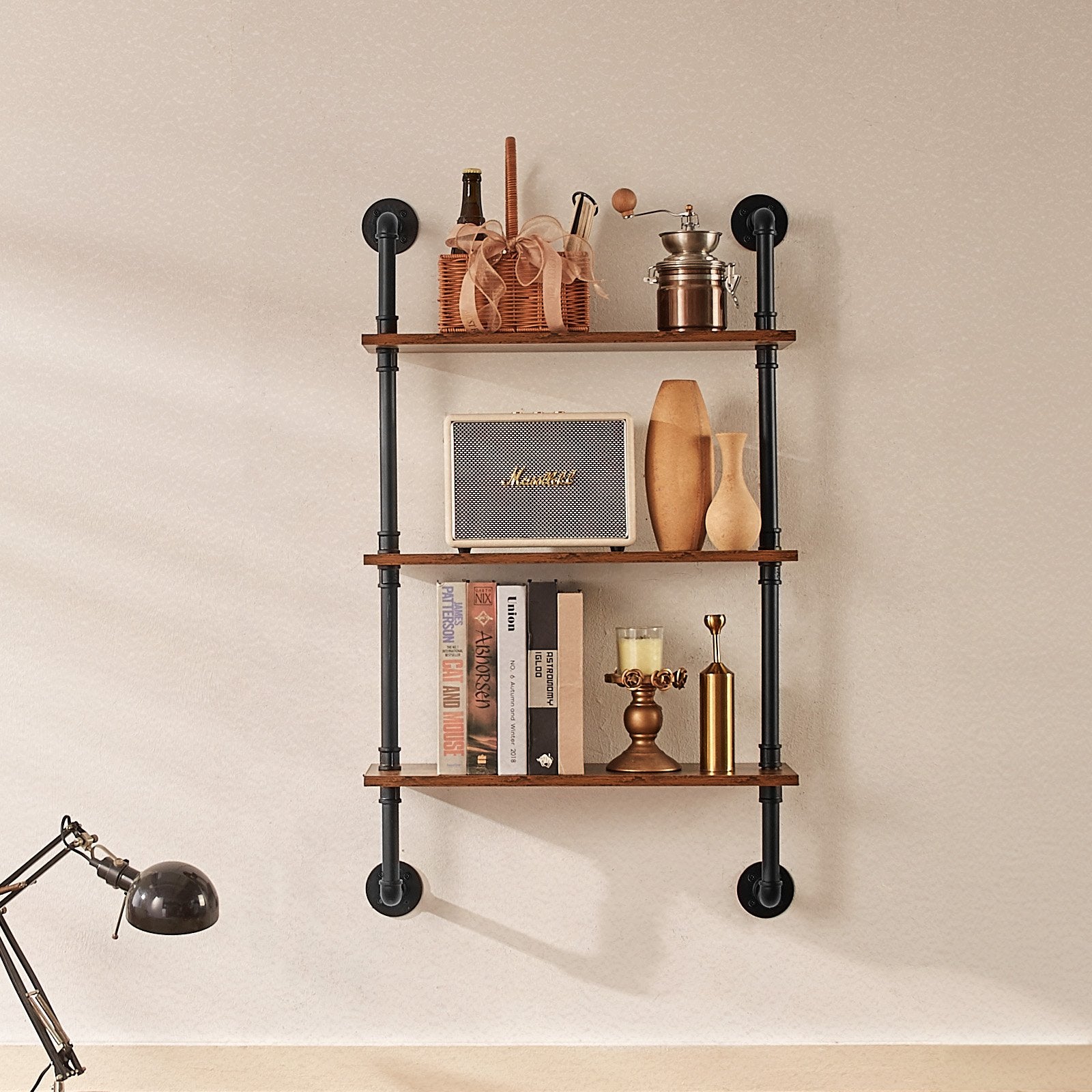 3-Tier Industrial Pipe Wall Shelf, 24x7.87in Rustic Wood Floating Shelves for Kitchen, Bedroom, Bathroom, Living Room Display & Storage