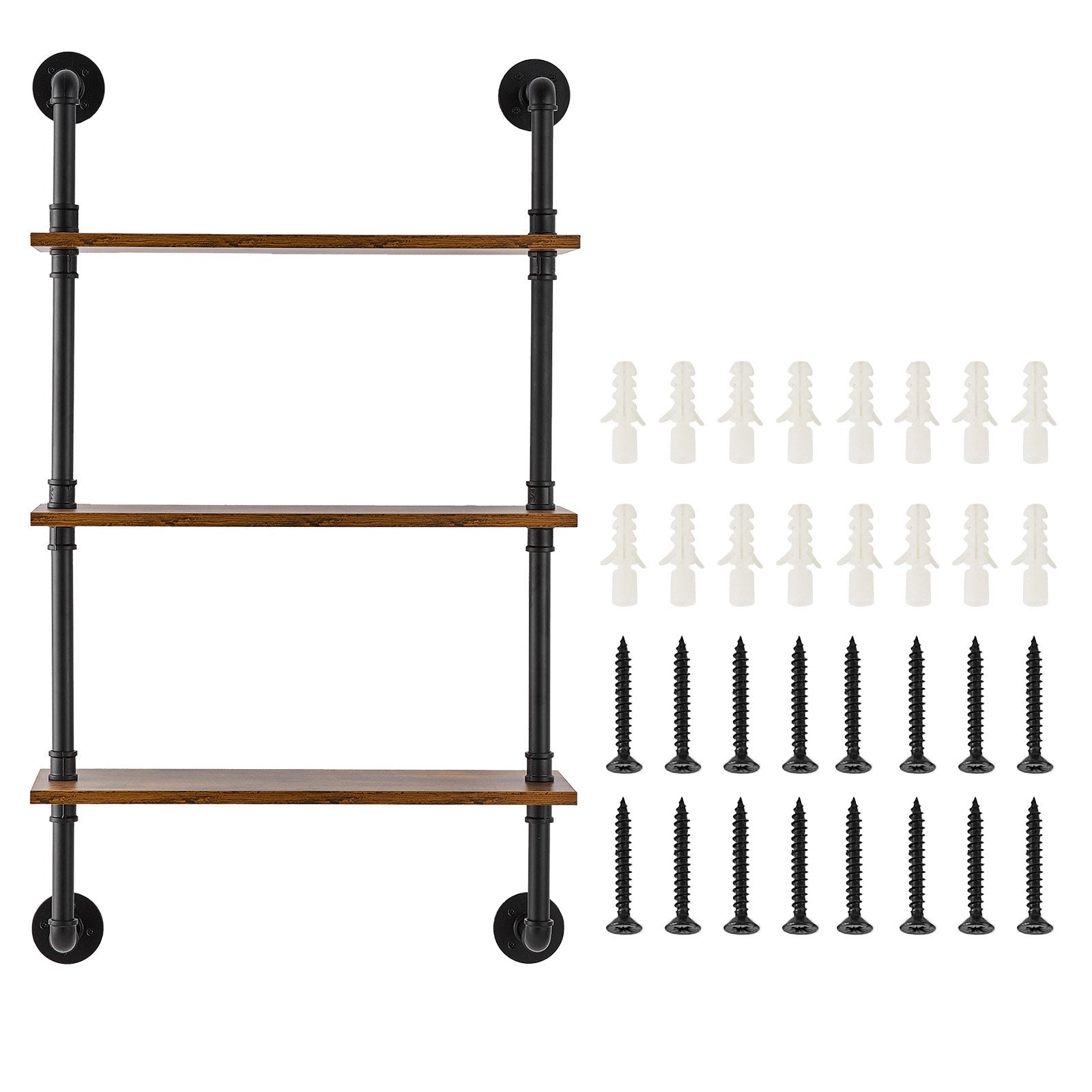 3-Tier Industrial Pipe Wall Shelf, 24x7.87in Rustic Wood Floating Shelves for Kitchen, Bedroom, Bathroom, Living Room Display & Storage