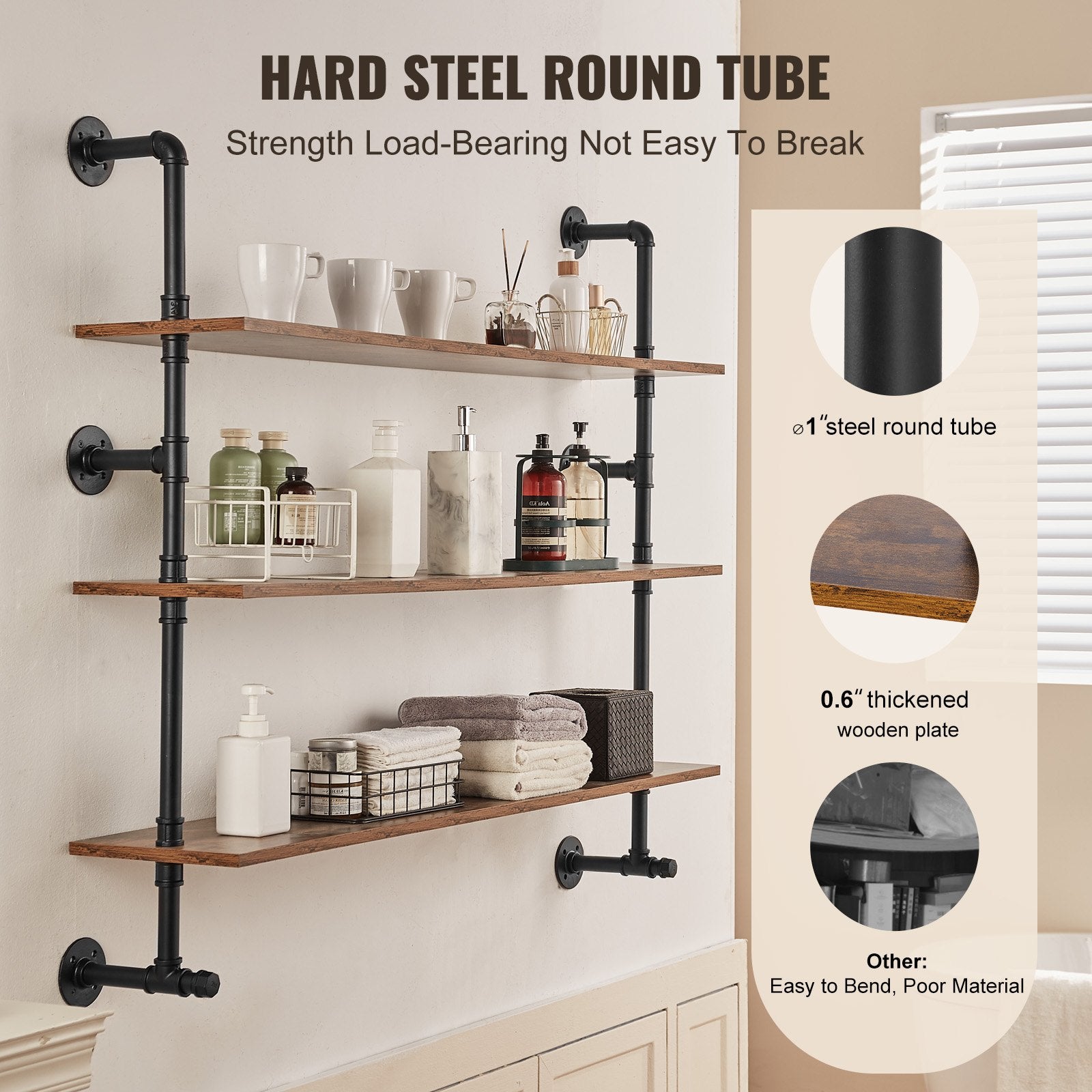Title: Rustic Wall-Mount 3-Tier Industrial Pipe Shelf, Vintage Wood Floating Shelves for Kitchen, Bedroom, Bathroom, Black Finish, 48x9.84in