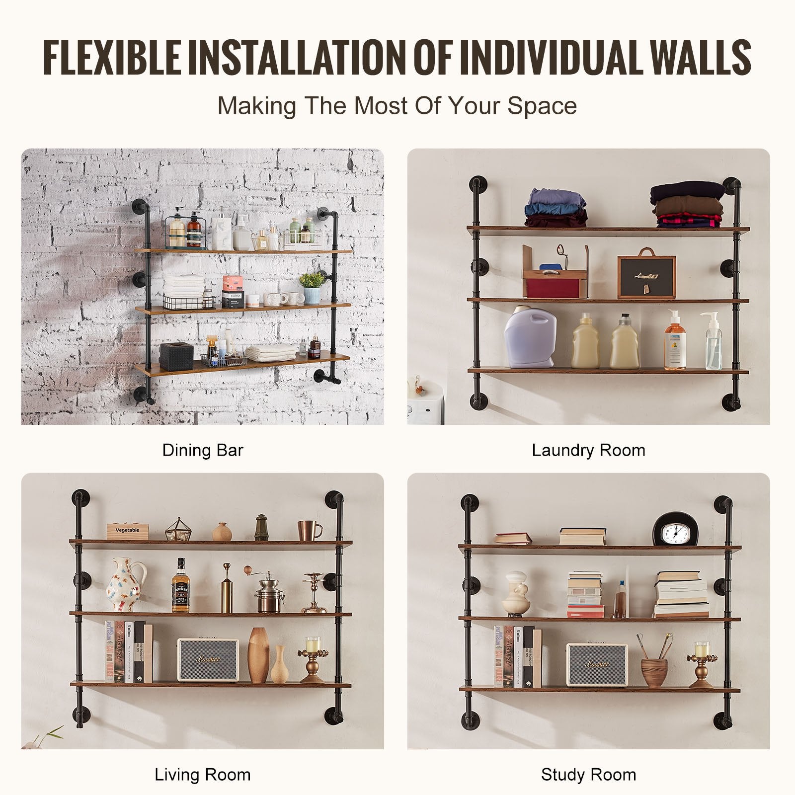 Title: Rustic Wall-Mount 3-Tier Industrial Pipe Shelf, Vintage Wood Floating Shelves for Kitchen, Bedroom, Bathroom, Black Finish, 48x9.84in