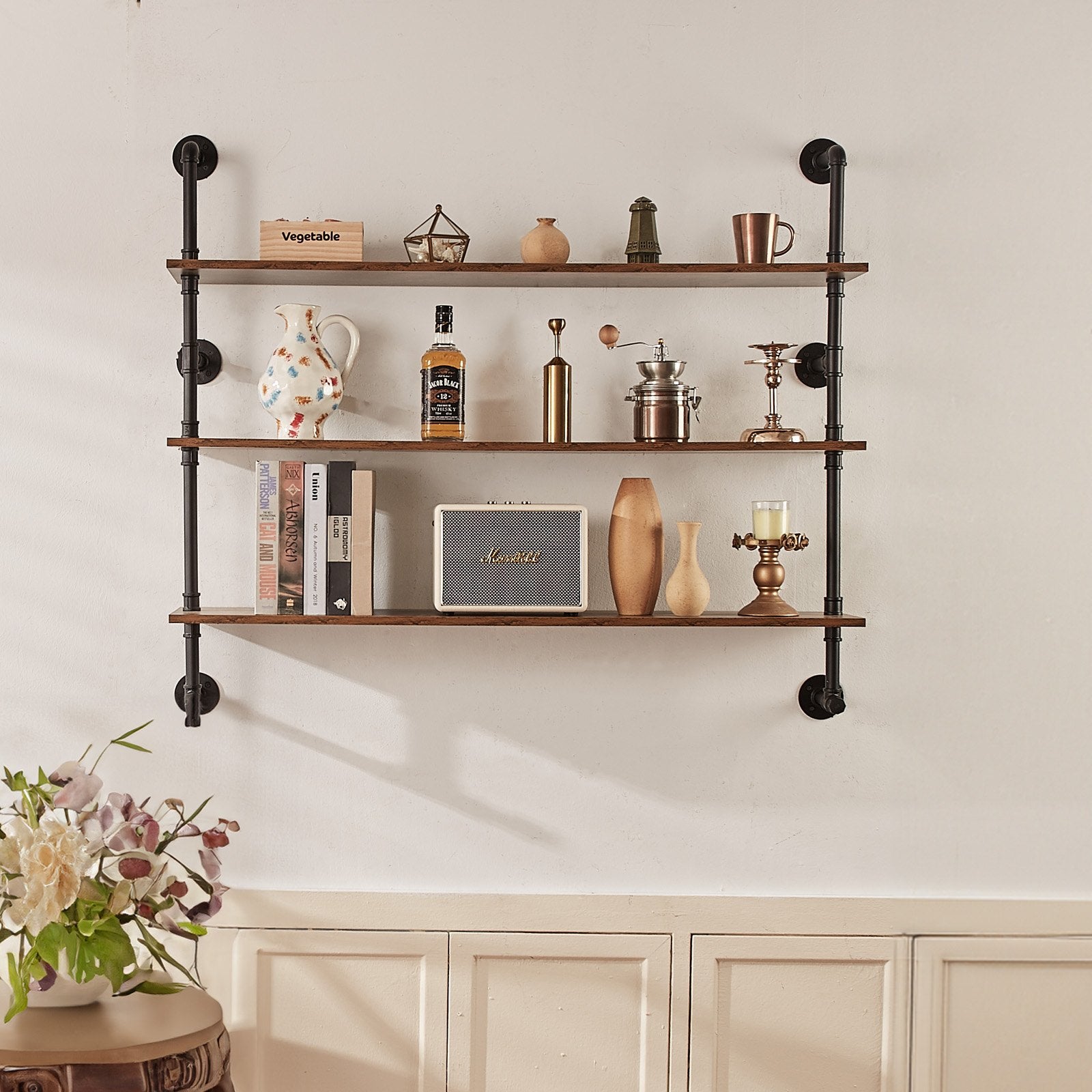 Title: Rustic Wall-Mount 3-Tier Industrial Pipe Shelf, Vintage Wood Floating Shelves for Kitchen, Bedroom, Bathroom, Black Finish, 48x9.84in