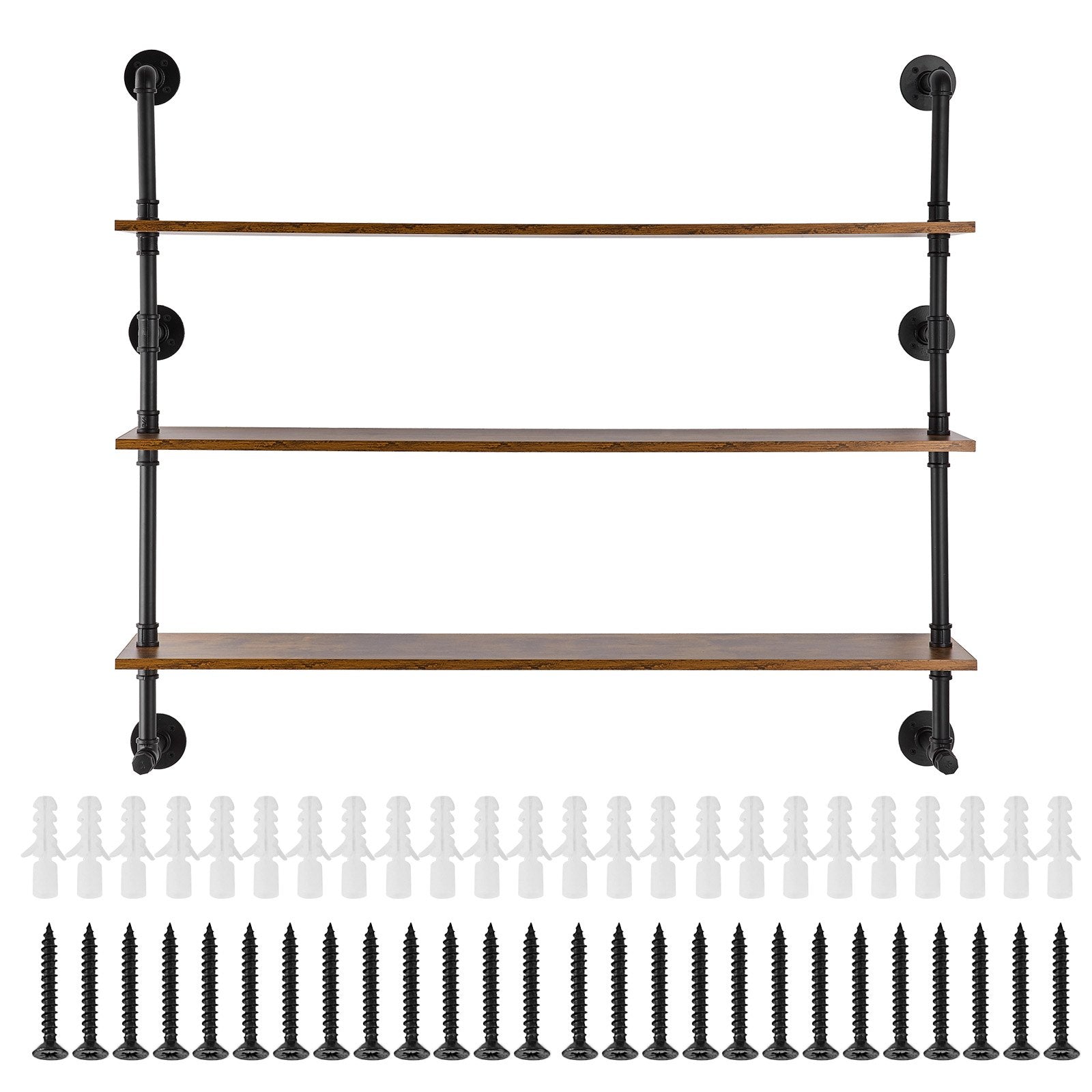 Title: Rustic Wall-Mount 3-Tier Industrial Pipe Shelf, Vintage Wood Floating Shelves for Kitchen, Bedroom, Bathroom, Black Finish, 48x9.84in
