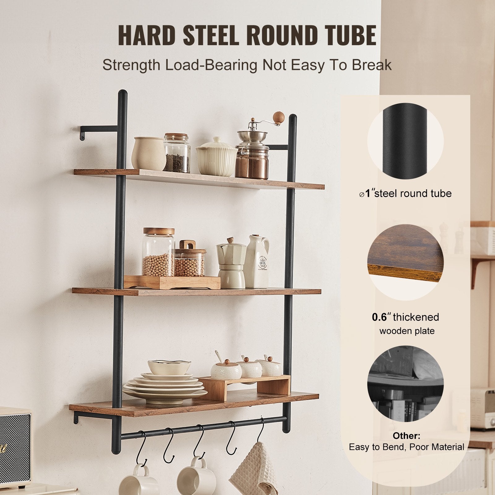 Rustic Industrial Pipe Shelf - 3 Tier, Wall-Mount Floating Wood Shelves for Kitchen, Bedroom, Bathroom, Living Room, Black Storage Display