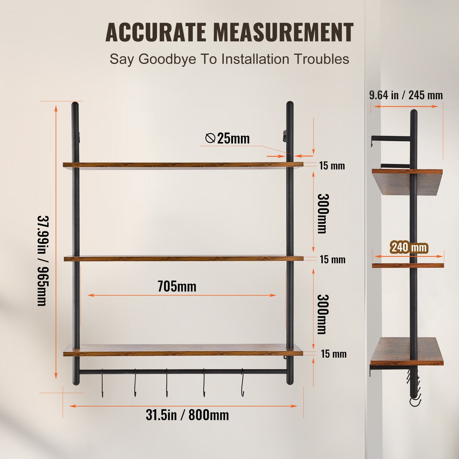 Rustic Industrial Pipe Shelf - 3 Tier, Wall-Mount Floating Wood Shelves for Kitchen, Bedroom, Bathroom, Living Room, Black Storage Display