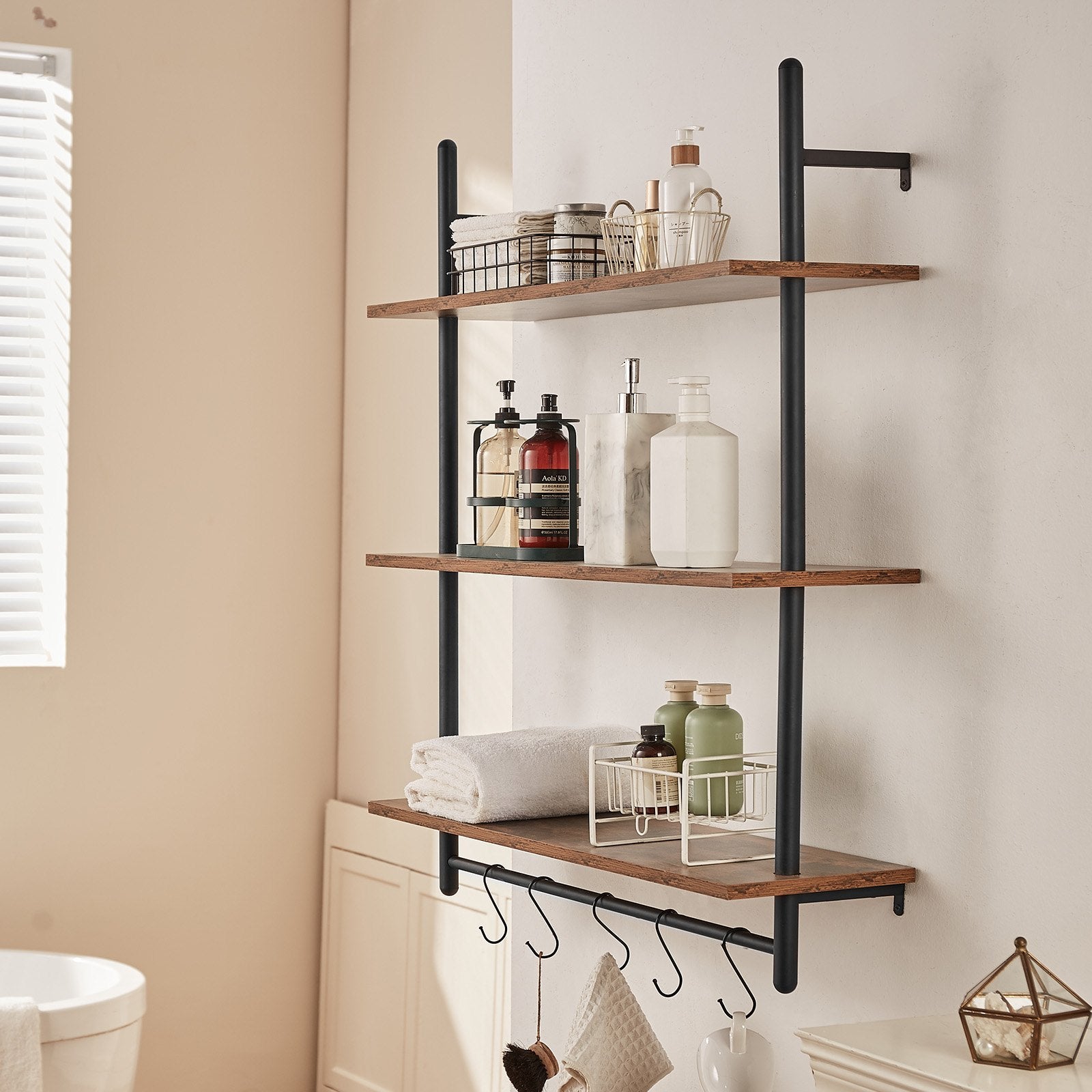 Rustic Industrial Pipe Shelf - 3 Tier, Wall-Mount Floating Wood Shelves for Kitchen, Bedroom, Bathroom, Living Room, Black Storage Display
