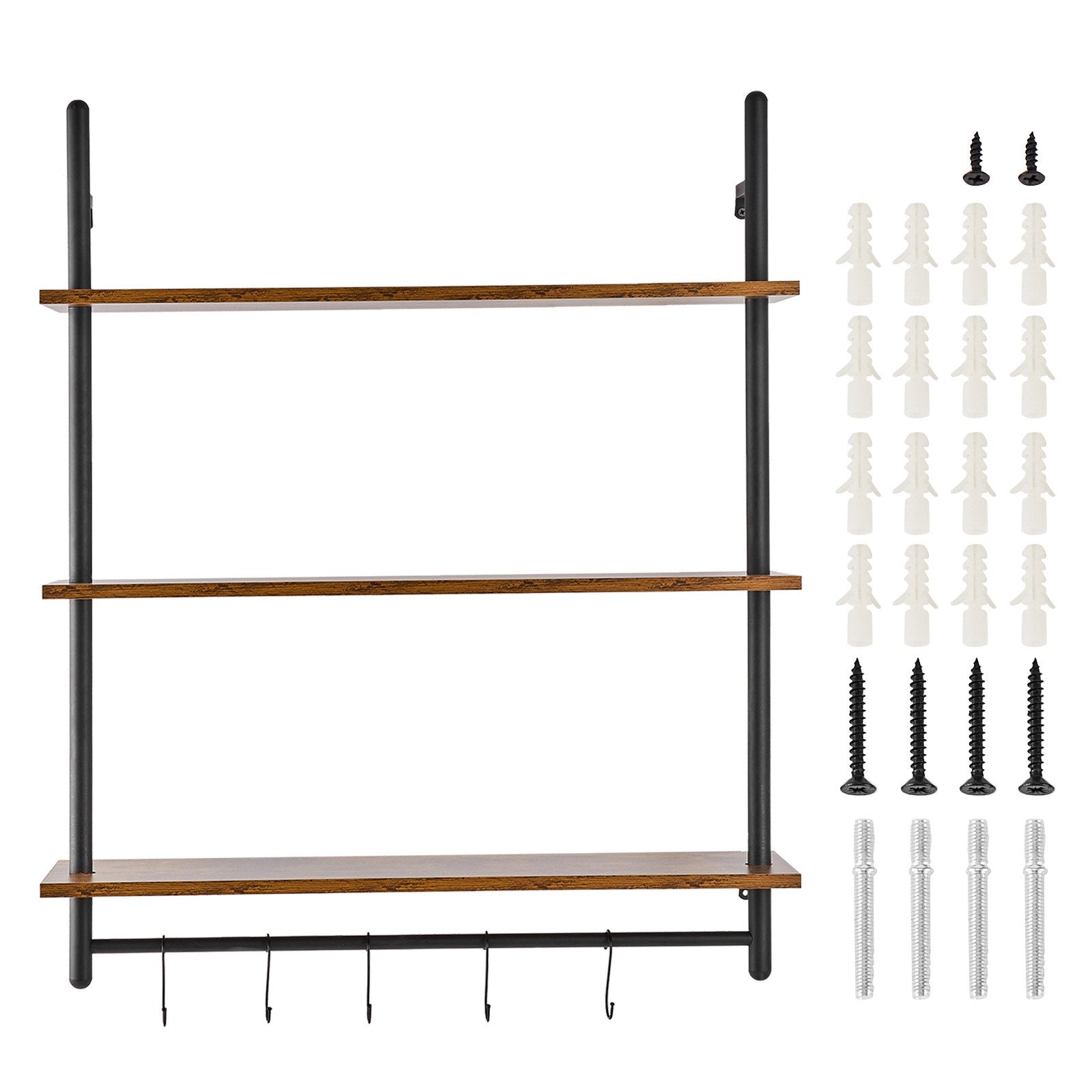 Rustic Industrial Pipe Shelf - 3 Tier, Wall-Mount Floating Wood Shelves for Kitchen, Bedroom, Bathroom, Living Room, Black Storage Display