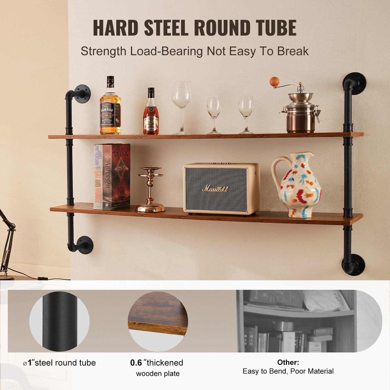 Transform Your Space: 2-Tier Industrial Pipe Shelf with Rustic Wood, Wall-Mount Floating Bookshelf for Kitchen, Bedroom, Bathroom, Living Room, Black