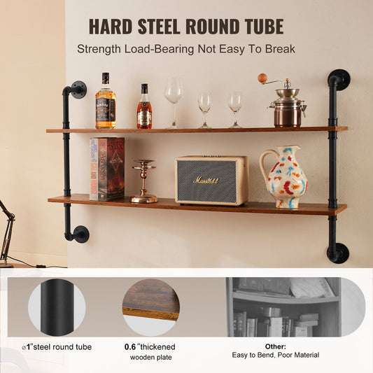 Transform Your Space: 2-Tier Industrial Pipe Shelf with Rustic Wood, Wall-Mount Floating Bookshelf for Kitchen, Bedroom, Bathroom, Living Room, Black