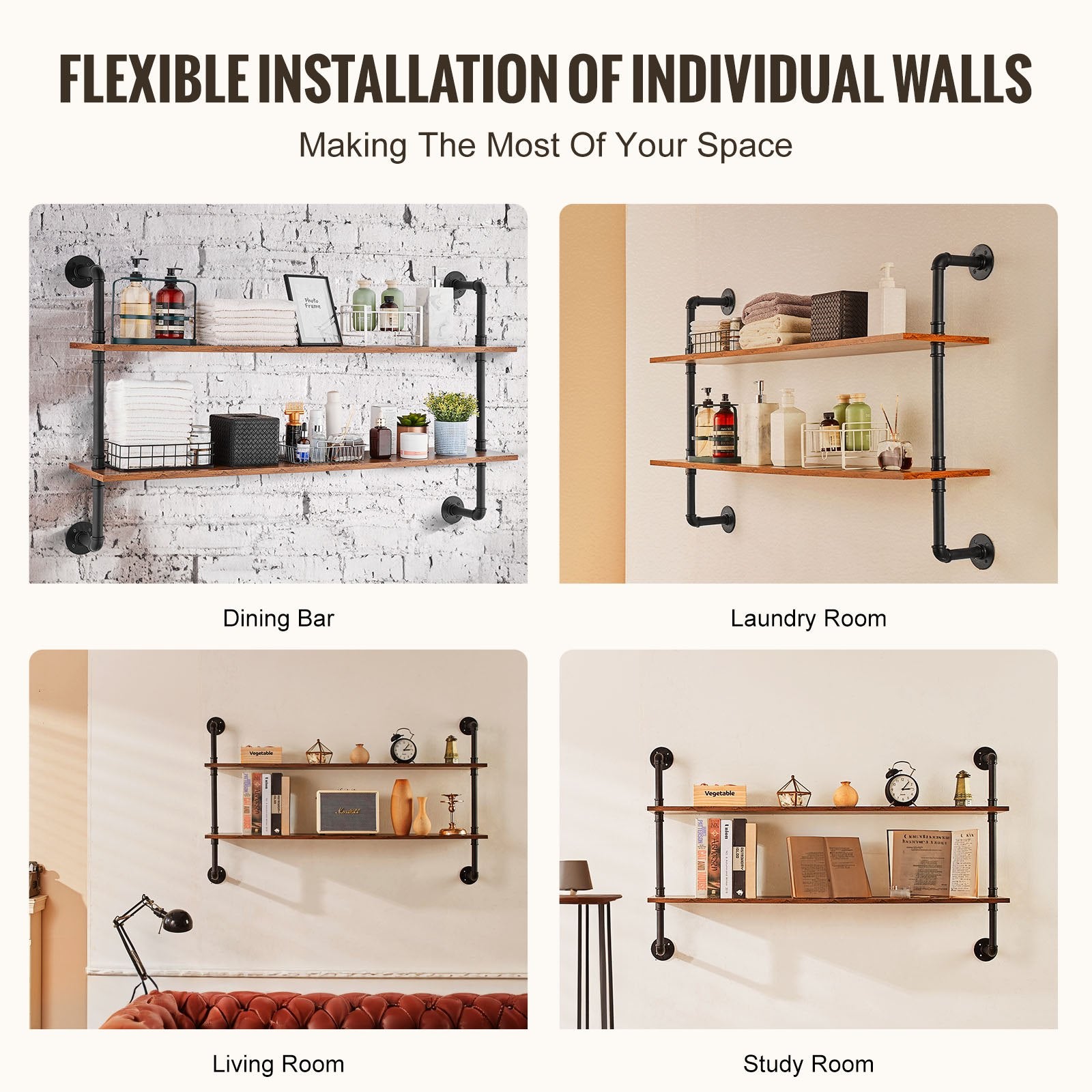 Transform Your Space: 2-Tier Industrial Pipe Shelf with Rustic Wood, Wall-Mount Floating Bookshelf for Kitchen, Bedroom, Bathroom, Living Room, Black