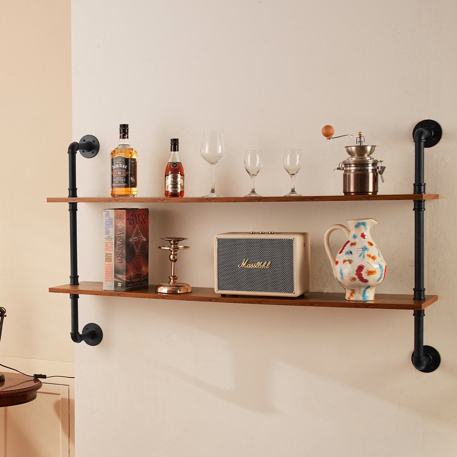 Transform Your Space: 2-Tier Industrial Pipe Shelf with Rustic Wood, Wall-Mount Floating Bookshelf for Kitchen, Bedroom, Bathroom, Living Room, Black