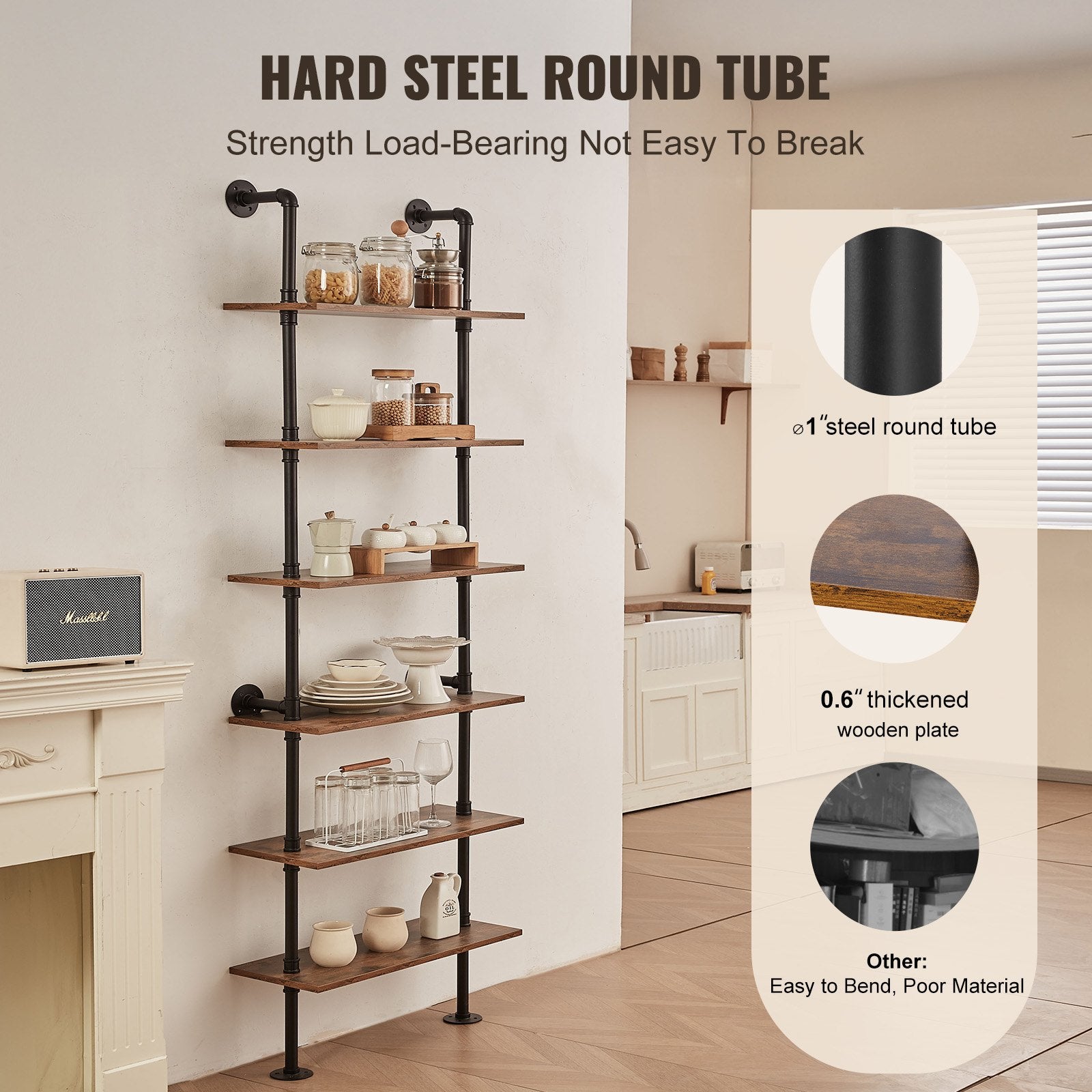 6-Tier Industrial Pipe Shelf, 24x9.84in Wall-Mount Floating Rustic Wood Bookcase for Storage, Display, Kitchen, Bathroom, Living Room, Black Finish
