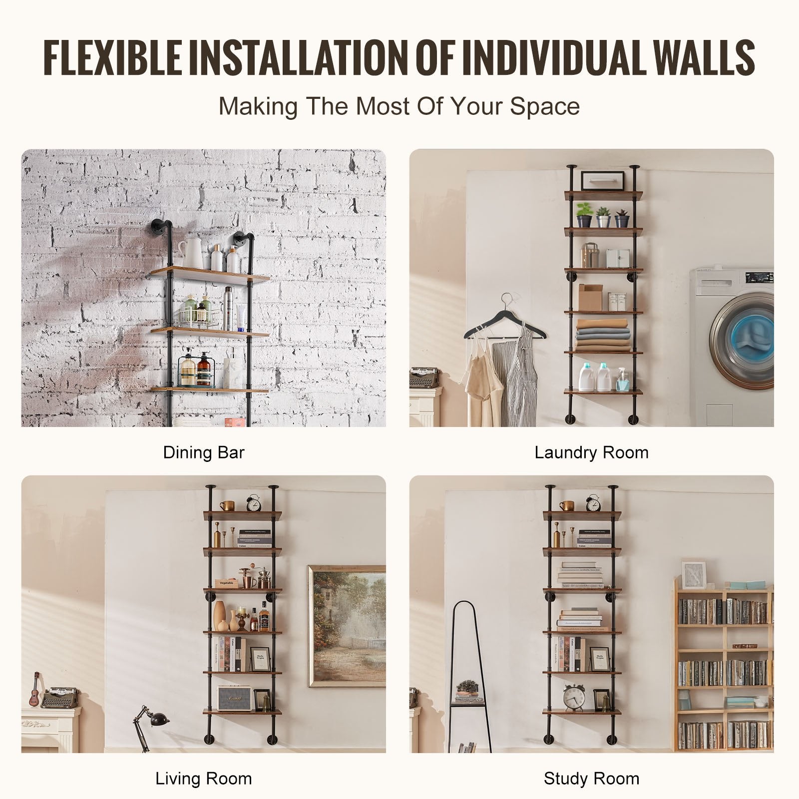 6-Tier Industrial Pipe Shelf, 24x9.84in Wall-Mount Floating Rustic Wood Bookcase for Storage, Display, Kitchen, Bathroom, Living Room, Black Finish