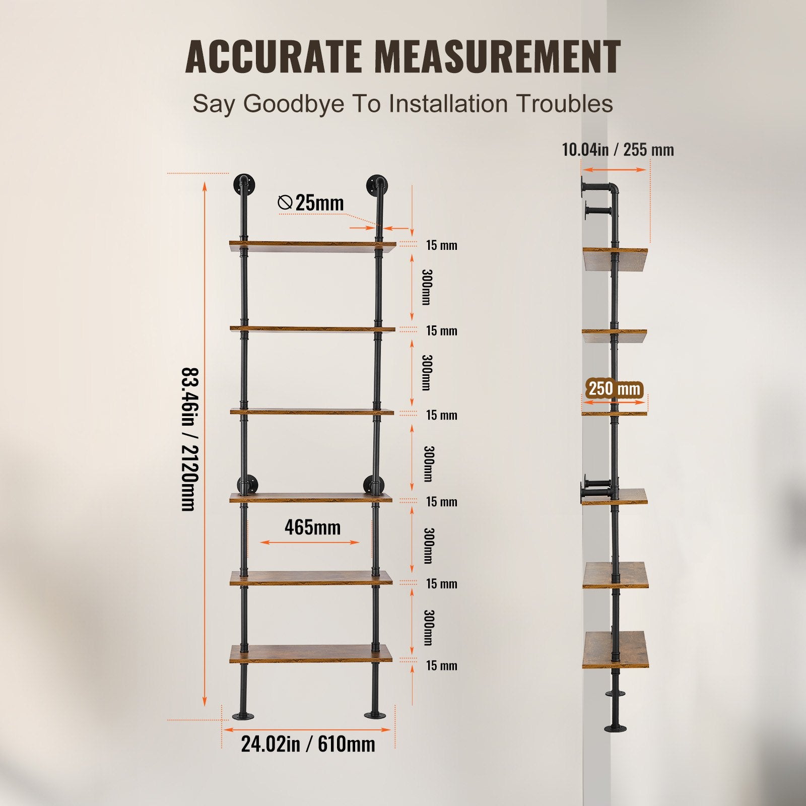 6-Tier Industrial Pipe Shelf, 24x9.84in Wall-Mount Floating Rustic Wood Bookcase for Storage, Display, Kitchen, Bathroom, Living Room, Black Finish