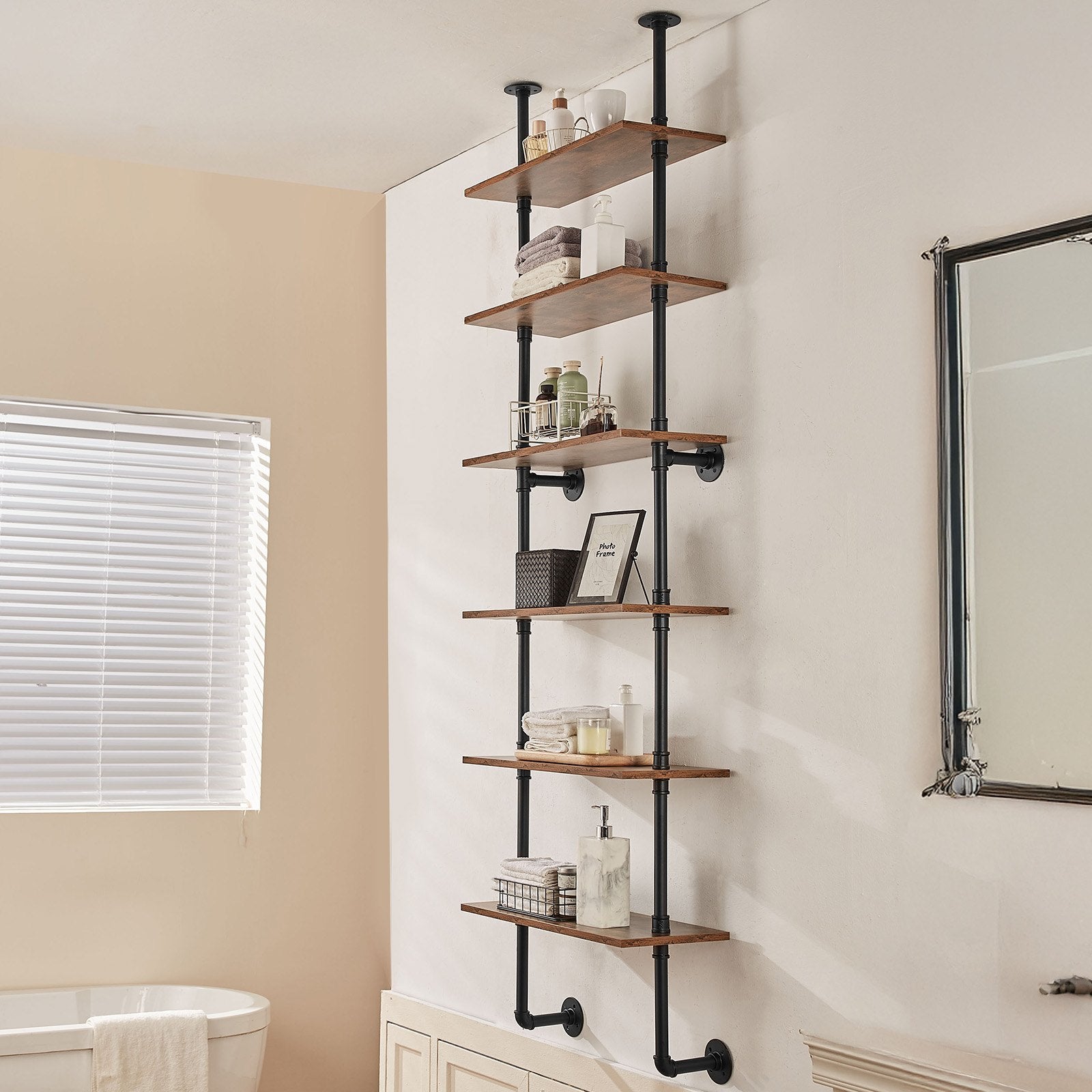 6-Tier Industrial Pipe Shelf, 24x9.84in Wall-Mount Floating Rustic Wood Bookcase for Storage, Display, Kitchen, Bathroom, Living Room, Black Finish