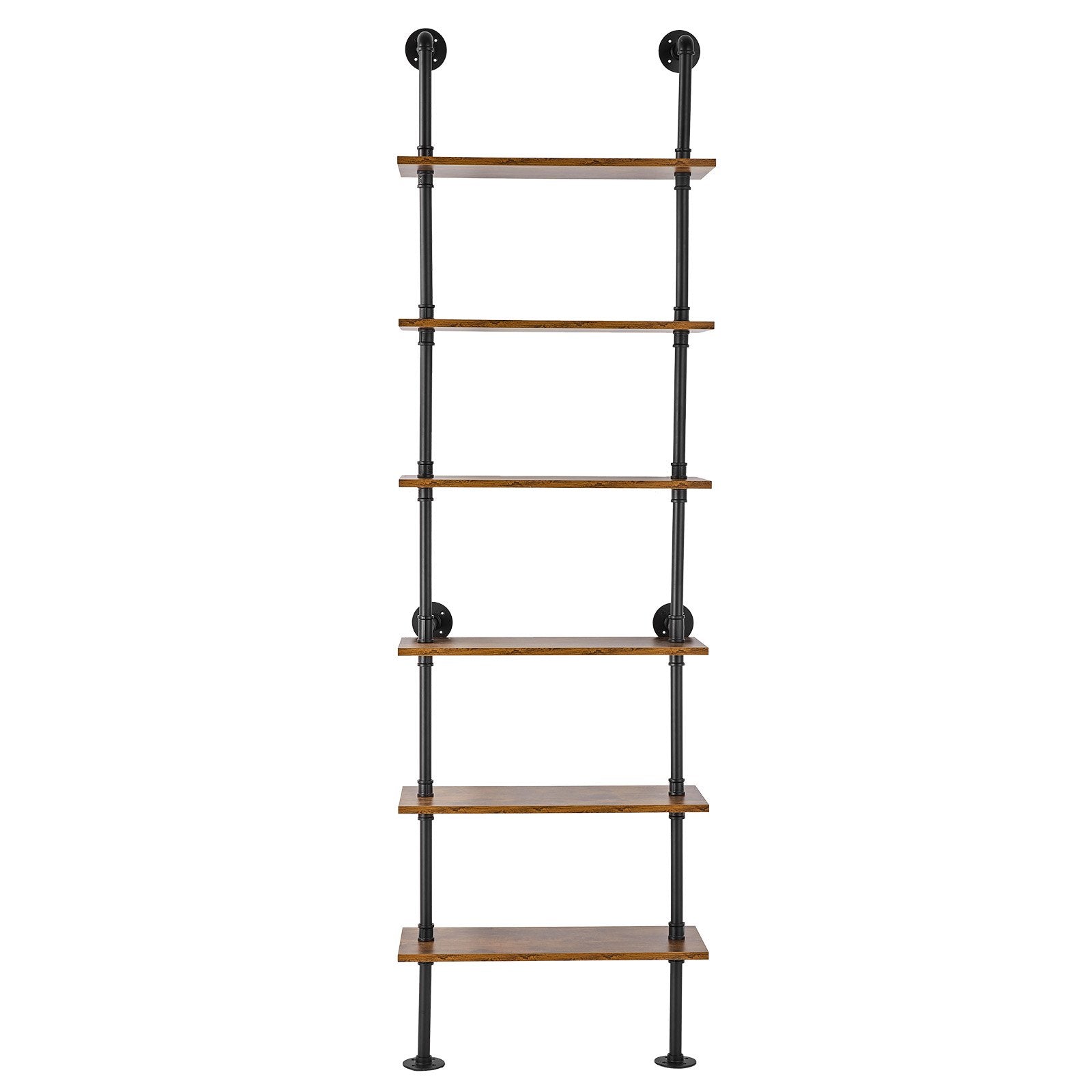 6-Tier Industrial Pipe Shelf, 24x9.84in Wall-Mount Floating Rustic Wood Bookcase for Storage, Display, Kitchen, Bathroom, Living Room, Black Finish