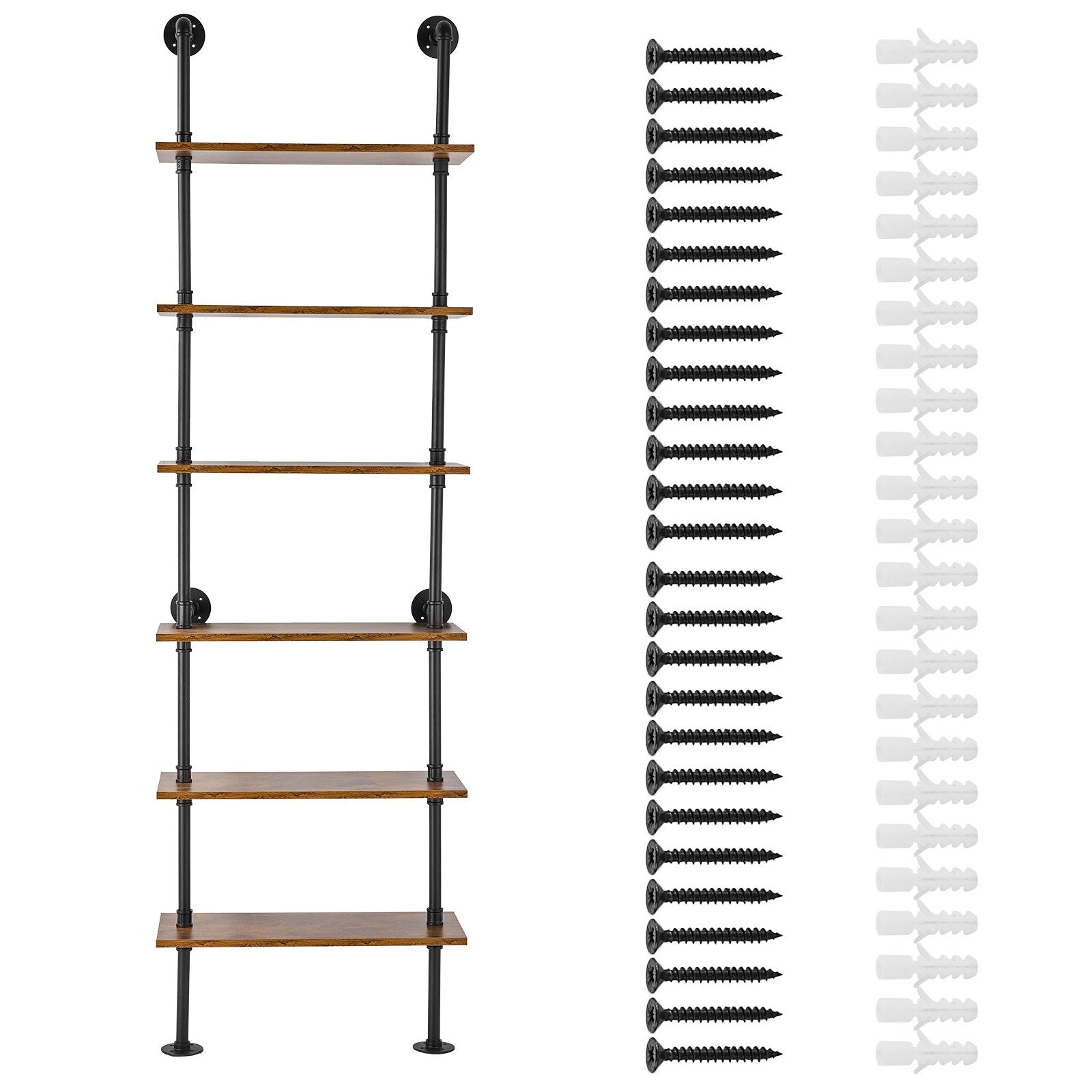 6-Tier Industrial Pipe Shelf, 24x9.84in Wall-Mount Floating Rustic Wood Bookcase for Storage, Display, Kitchen, Bathroom, Living Room, Black Finish