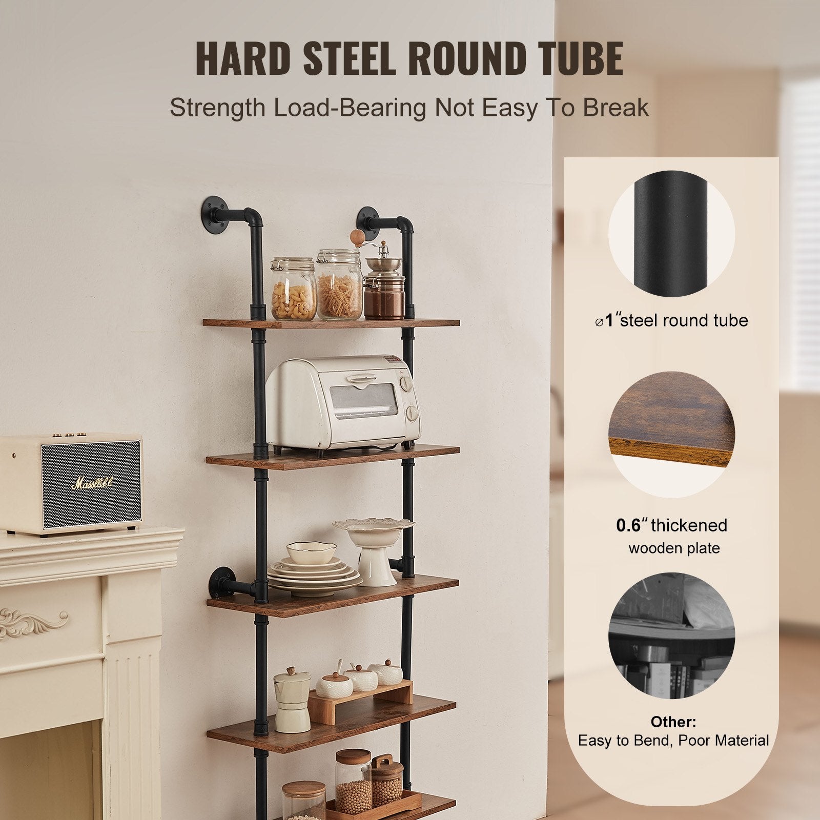 5-Tier Industrial Pipe Shelf - Rustic Wood Wall-Mount, Multi-Functional Floating Bookshelf for Kitchen, Bedroom, Bathroom, Living Room