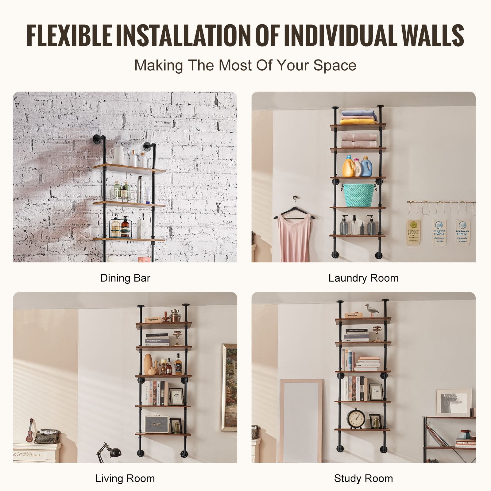 5-Tier Industrial Pipe Shelf - Rustic Wood Wall-Mount, Multi-Functional Floating Bookshelf for Kitchen, Bedroom, Bathroom, Living Room