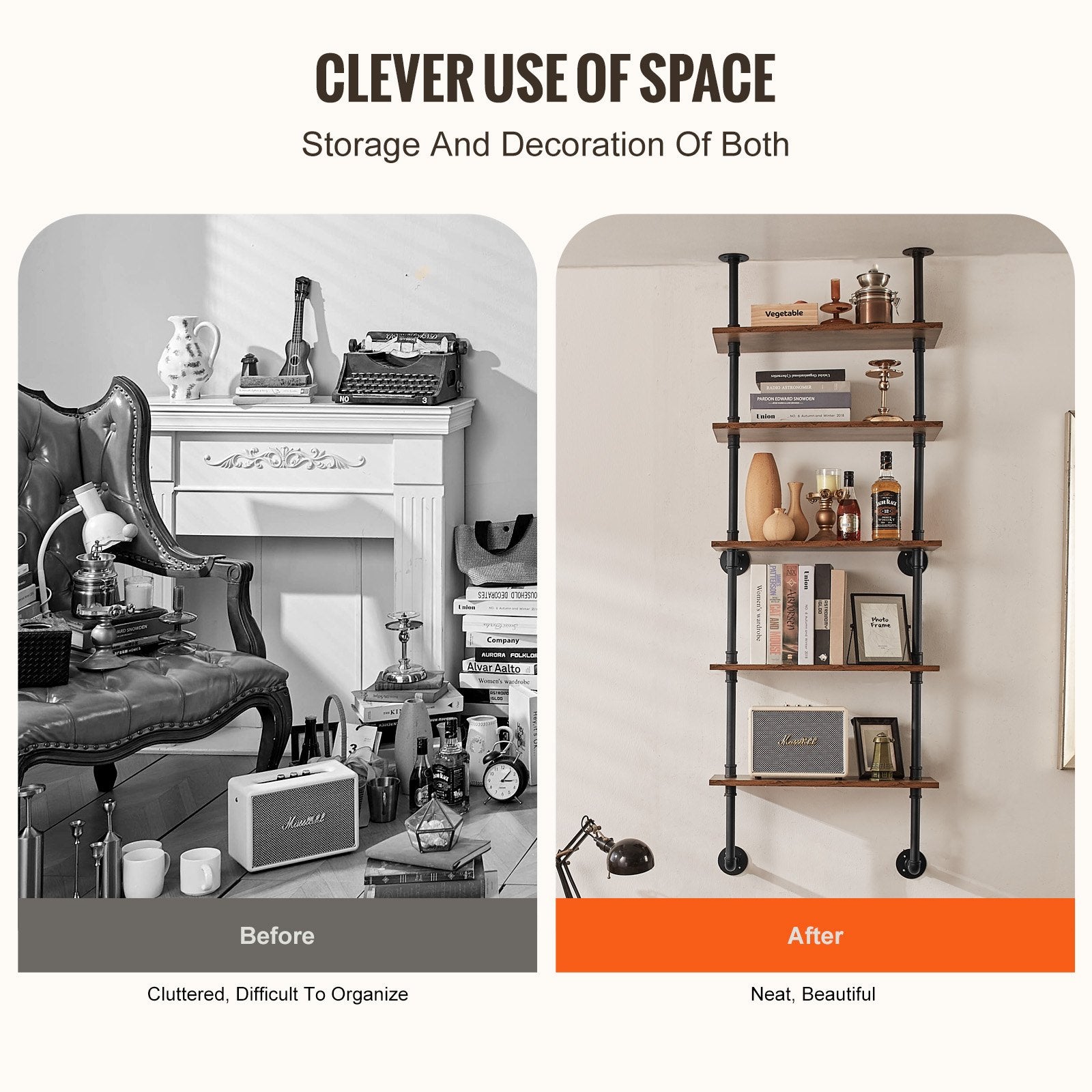 5-Tier Industrial Pipe Shelf - Rustic Wood Wall-Mount, Multi-Functional Floating Bookshelf for Kitchen, Bedroom, Bathroom, Living Room