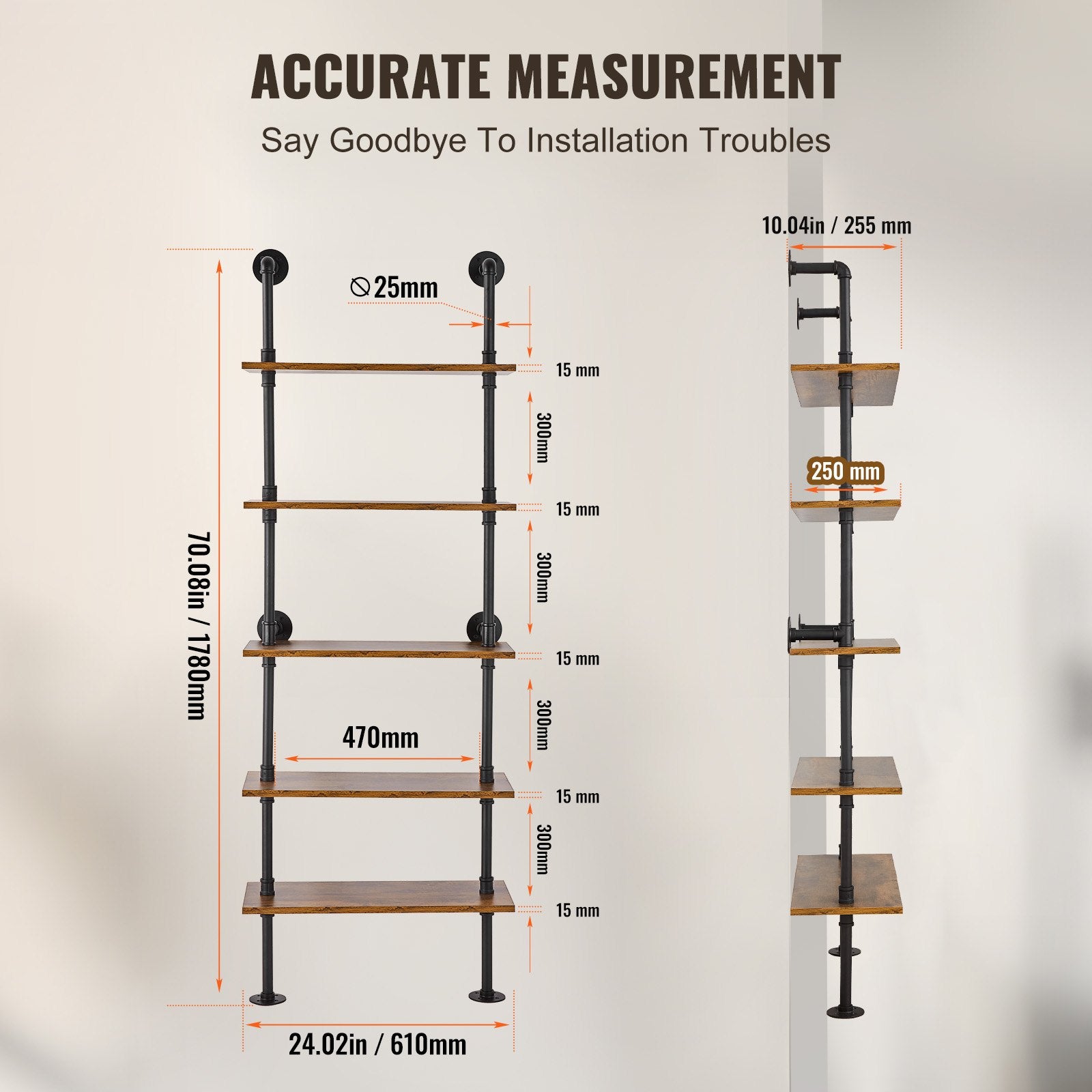 5-Tier Industrial Pipe Shelf - Rustic Wood Wall-Mount, Multi-Functional Floating Bookshelf for Kitchen, Bedroom, Bathroom, Living Room