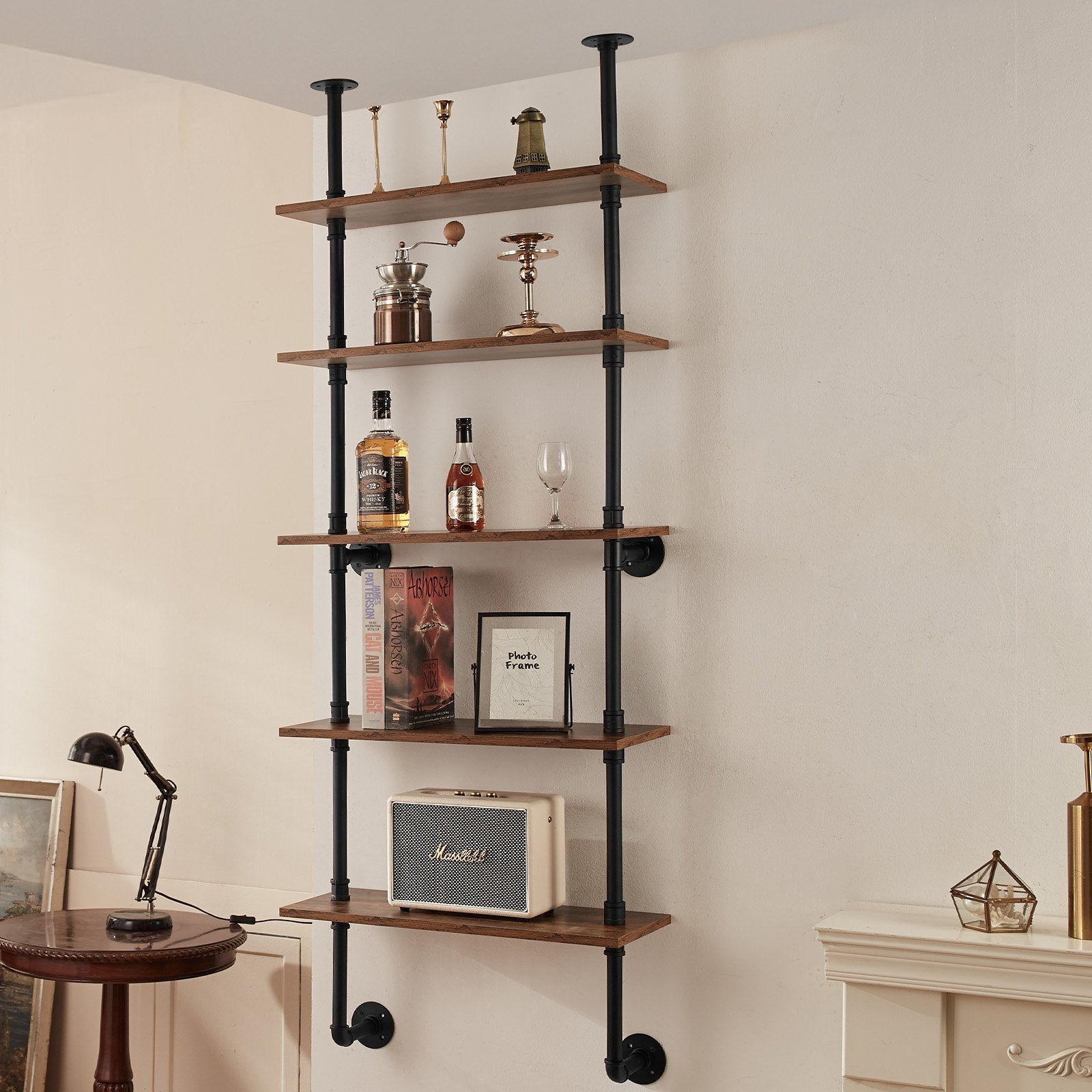 5-Tier Industrial Pipe Shelf - Rustic Wood Wall-Mount, Multi-Functional Floating Bookshelf for Kitchen, Bedroom, Bathroom, Living Room