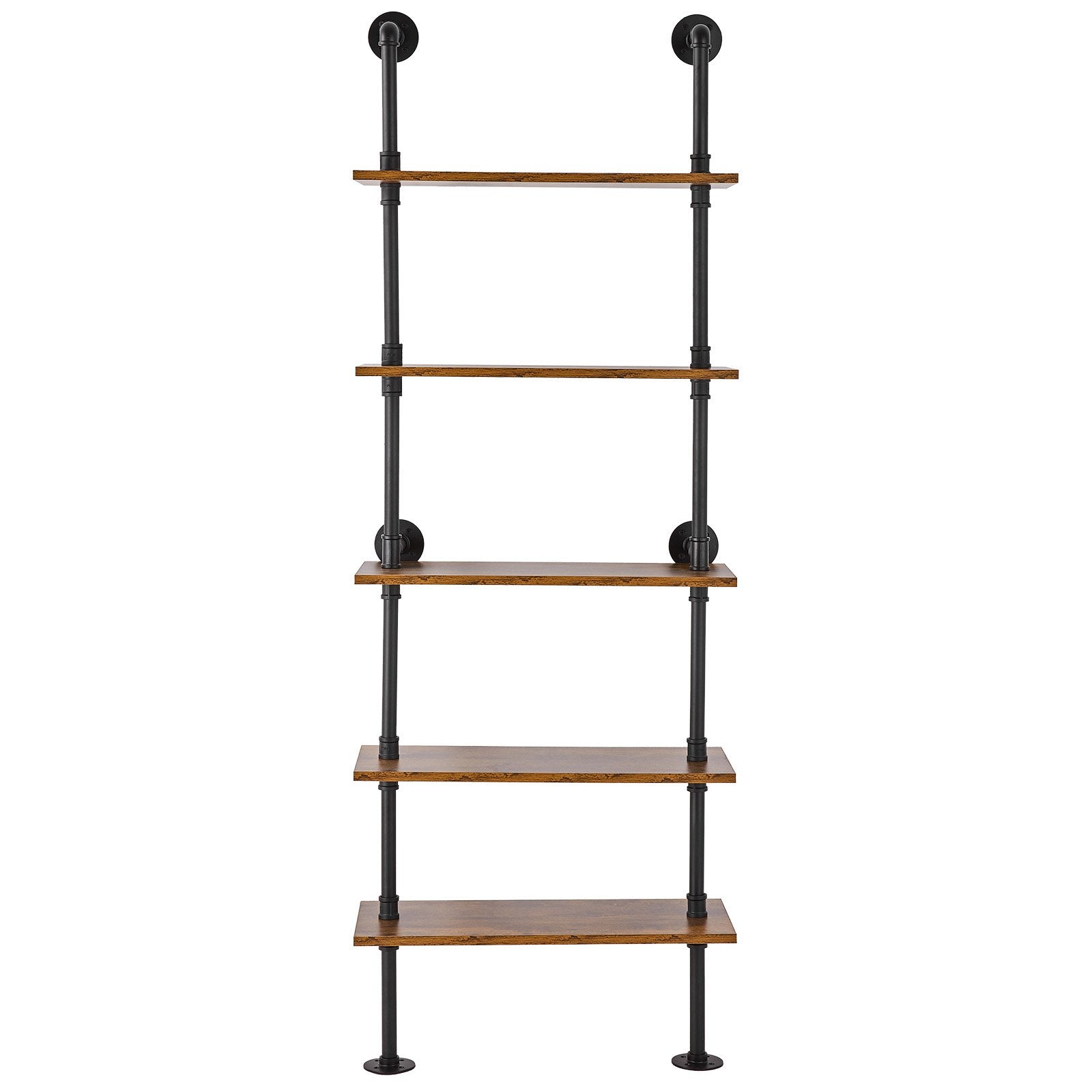 5-Tier Industrial Pipe Shelf - Rustic Wood Wall-Mount, Multi-Functional Floating Bookshelf for Kitchen, Bedroom, Bathroom, Living Room