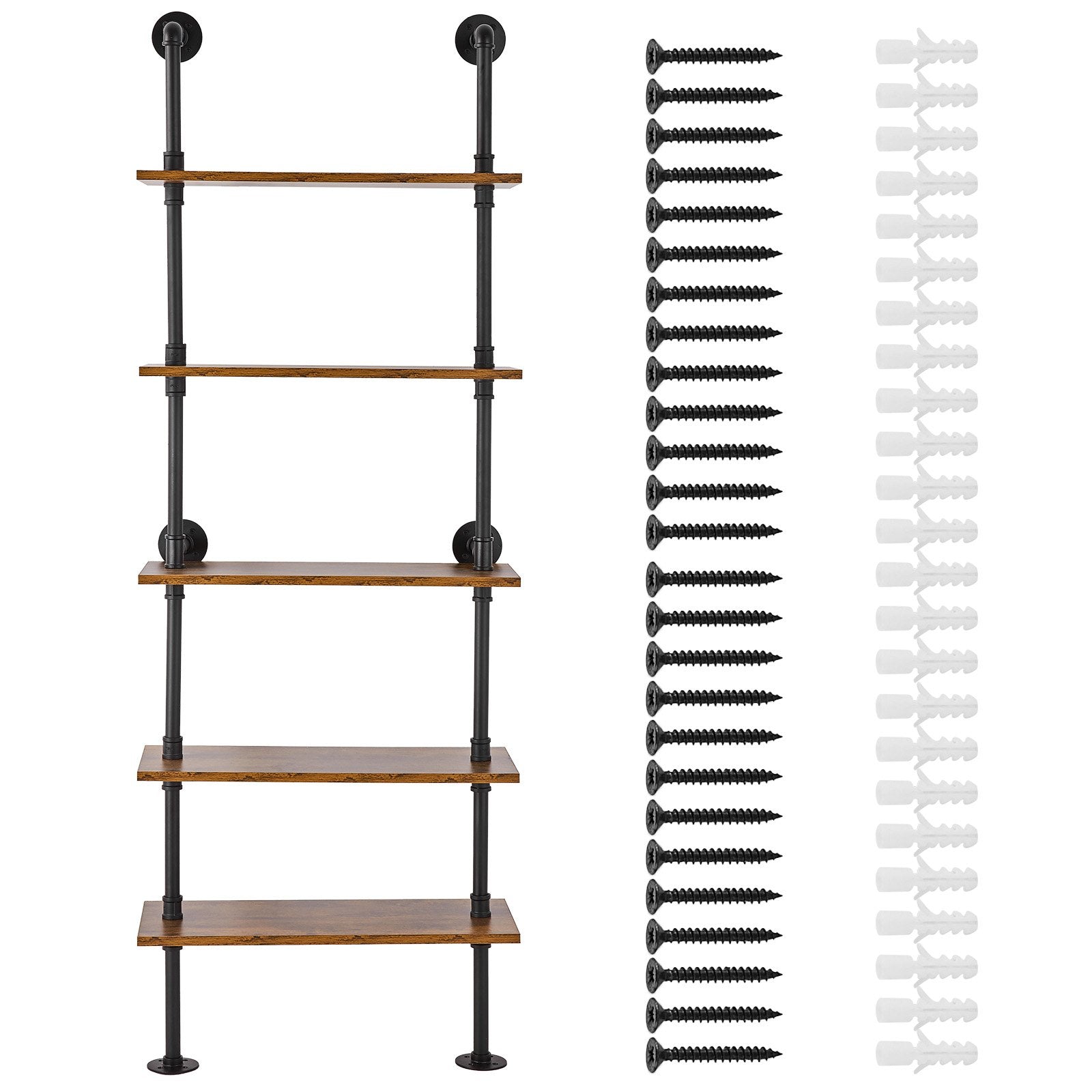 5-Tier Industrial Pipe Shelf - Rustic Wood Wall-Mount, Multi-Functional Floating Bookshelf for Kitchen, Bedroom, Bathroom, Living Room