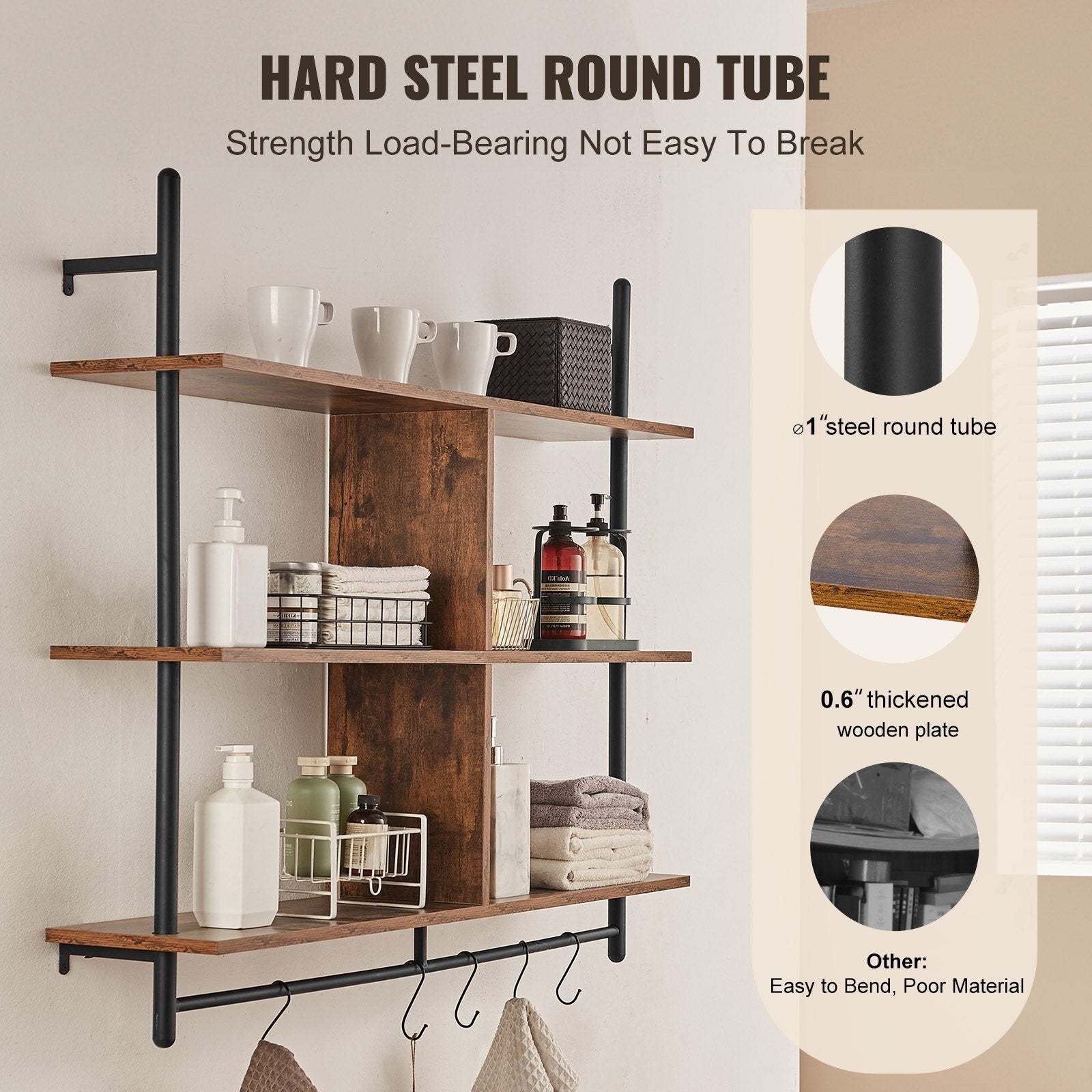 Industrial 3-Tier Pipe Shelf, Wall-Mount Floating Rustic Wood Shelves for Kitchen, Bedroom, Bathroom, Living Room - Black, Easy Install, Multi-functional Storage Rack