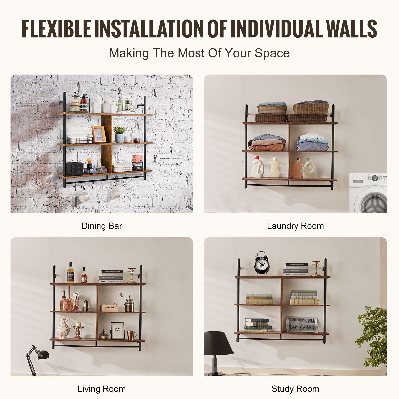 Industrial 3-Tier Pipe Shelf, Wall-Mount Floating Rustic Wood Shelves for Kitchen, Bedroom, Bathroom, Living Room - Black, Easy Install, Multi-functional Storage Rack