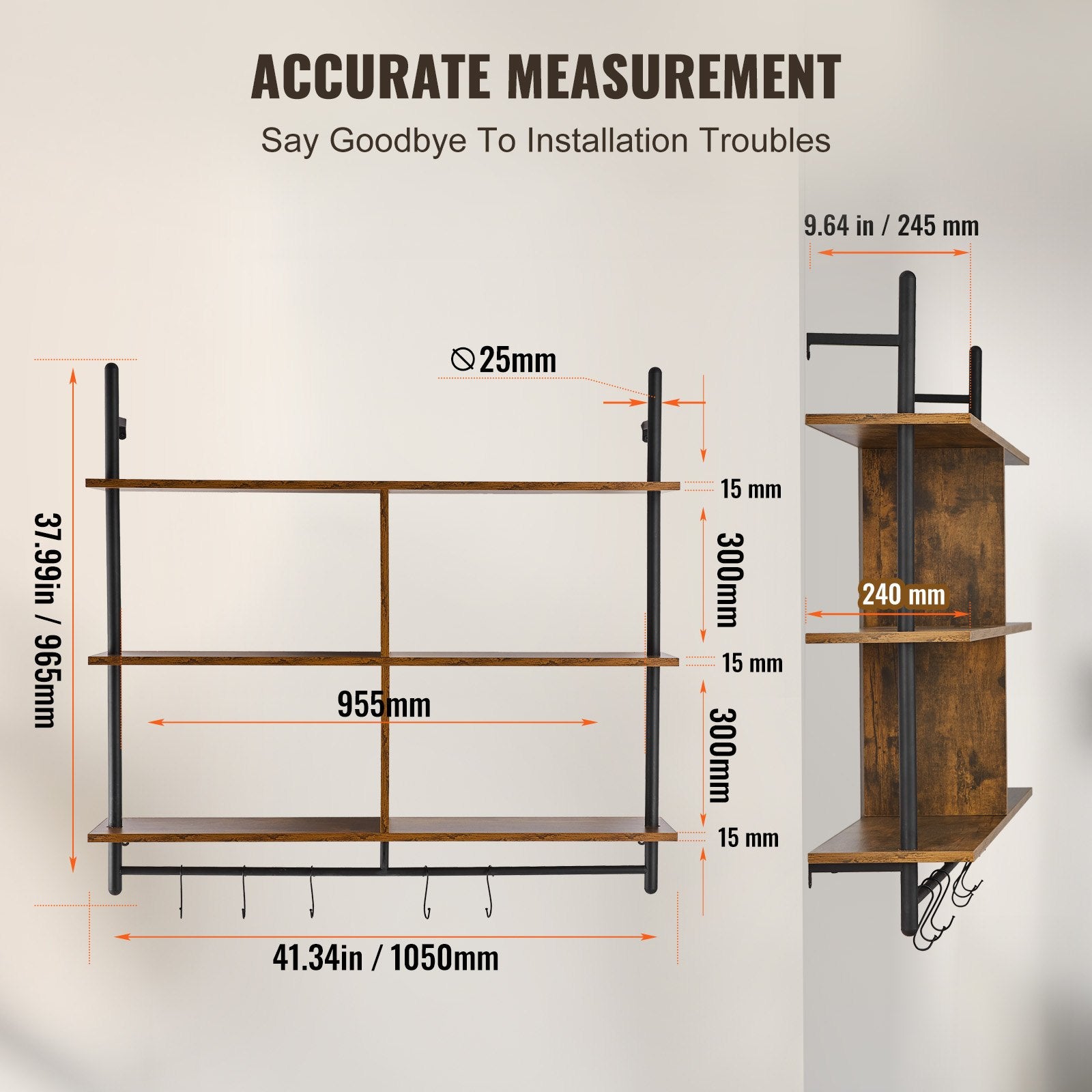 Industrial 3-Tier Pipe Shelf, Wall-Mount Floating Rustic Wood Shelves for Kitchen, Bedroom, Bathroom, Living Room - Black, Easy Install, Multi-functional Storage Rack