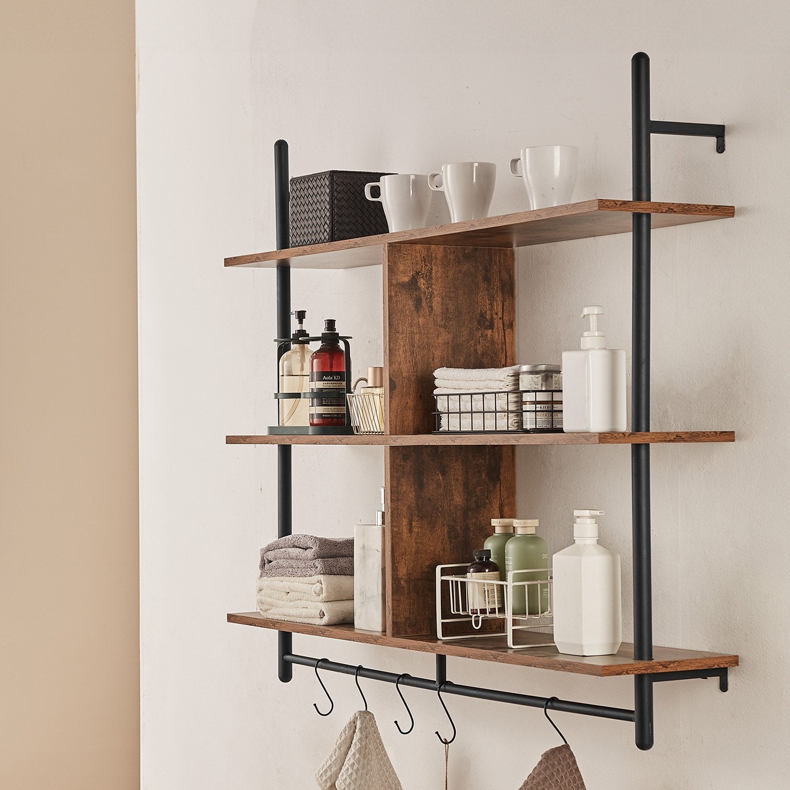 Industrial 3-Tier Pipe Shelf, Wall-Mount Floating Rustic Wood Shelves for Kitchen, Bedroom, Bathroom, Living Room - Black, Easy Install, Multi-functional Storage Rack