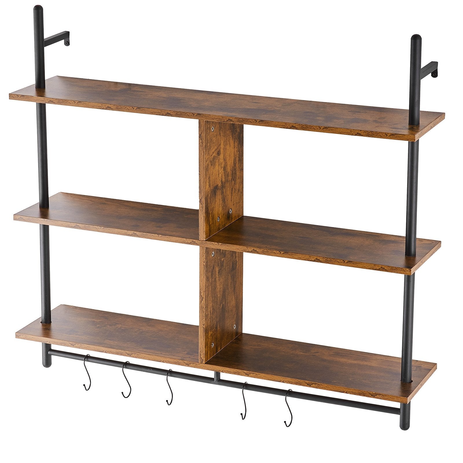Industrial 3-Tier Pipe Shelf, Wall-Mount Floating Rustic Wood Shelves for Kitchen, Bedroom, Bathroom, Living Room - Black, Easy Install, Multi-functional Storage Rack
