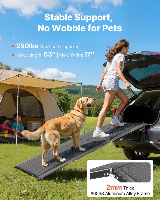 Folding Dog Ramp for Cars & SUVs, 63" Long, Non-Slip Oxford Fabric, Supports Medium & Large Dogs Up to 250lbs, Portable & Sturdy Aluminum Frame