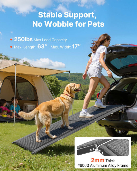 Portable Folding Dog Ramp for Cars - Non-Slip Felt Surface, Aluminum Frame, Supports Medium & Large Dogs Up to 250 lbs, SUV & Truck Compatible