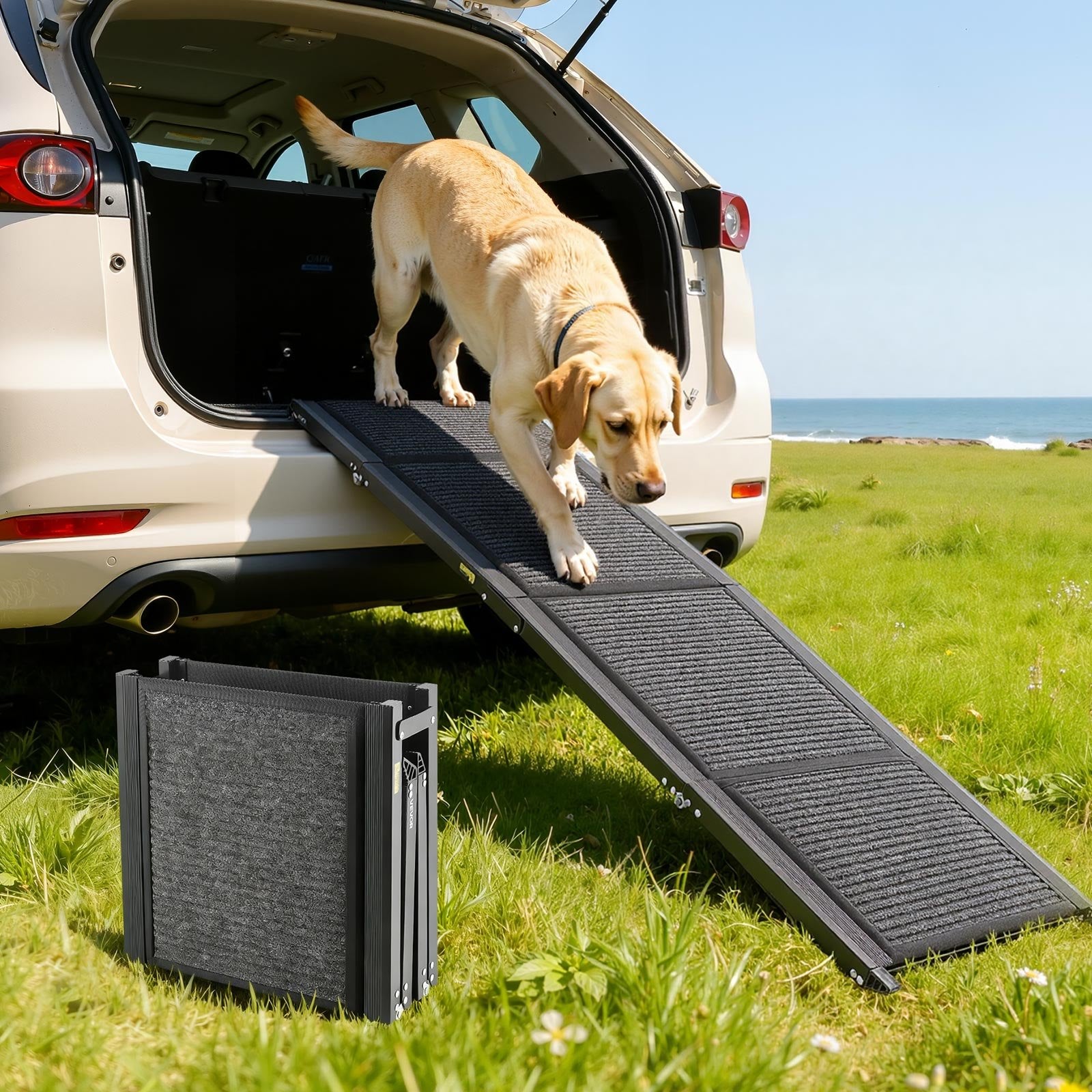 Portable Folding Dog Ramp for Cars - Non-Slip Felt Surface, Aluminum Frame, Supports Medium & Large Dogs Up to 250 lbs, SUV & Truck Compatible